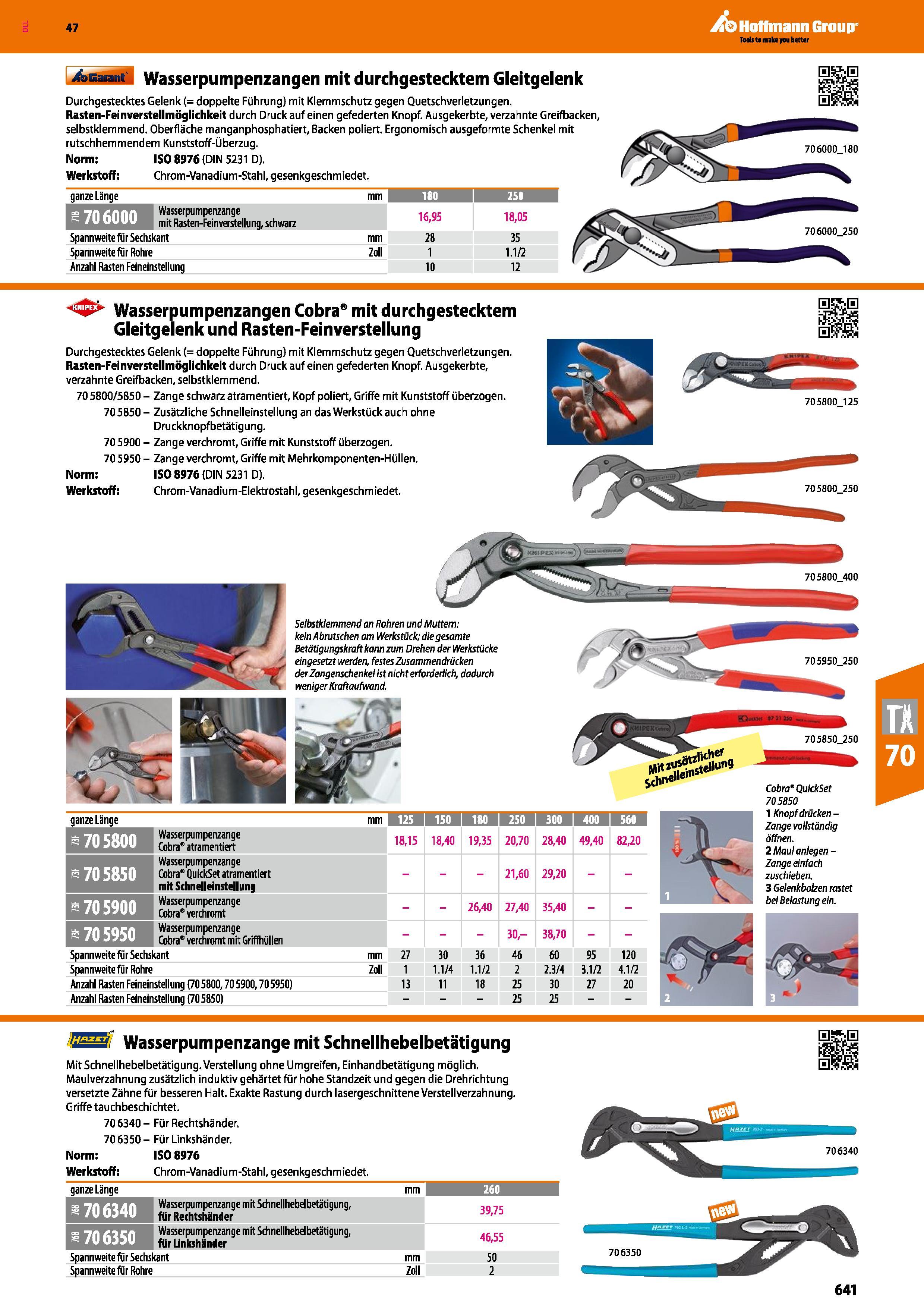 641 i&lSaiant' Wasserpumpenzangen mit durchgestecktem Gleitgelenk Durchgestecktes Gelenk (= doppelte Führung) mit Klemmschutz gegen Quetschverletzung Каталог HOFFMANN GROUP 2016 Ручной слесарно-монтажный и контрольно-измерительный инструмент и приборы для предприятий машиностроения и мастерских сервисного обслуживания 47 версия издания Стр. 641 DEU