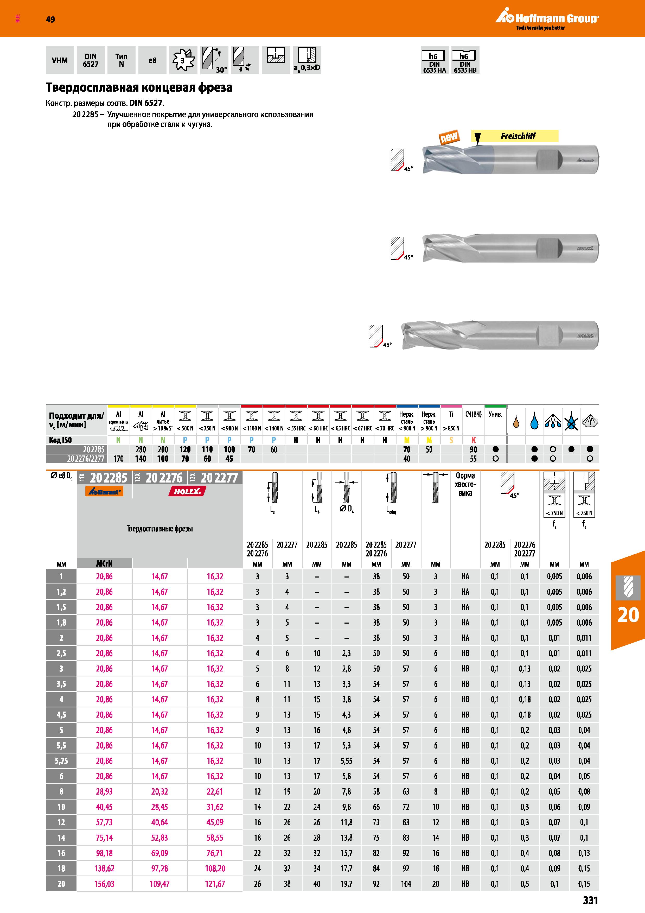 331 49 Hoffmann Group VHM DIN Тип 6527 N e8 К I—I 30 4 V at0,3xD Твердосплавная концевая фреза Констр размеры соотв DIN 6527 202285 - Улу Каталог HOFFMANN GROUP 2018 Профессиональный режущий и вспомогательный инструмент для промышленного оборудования Сверла Фрезы Метчики Державки Стр. 331