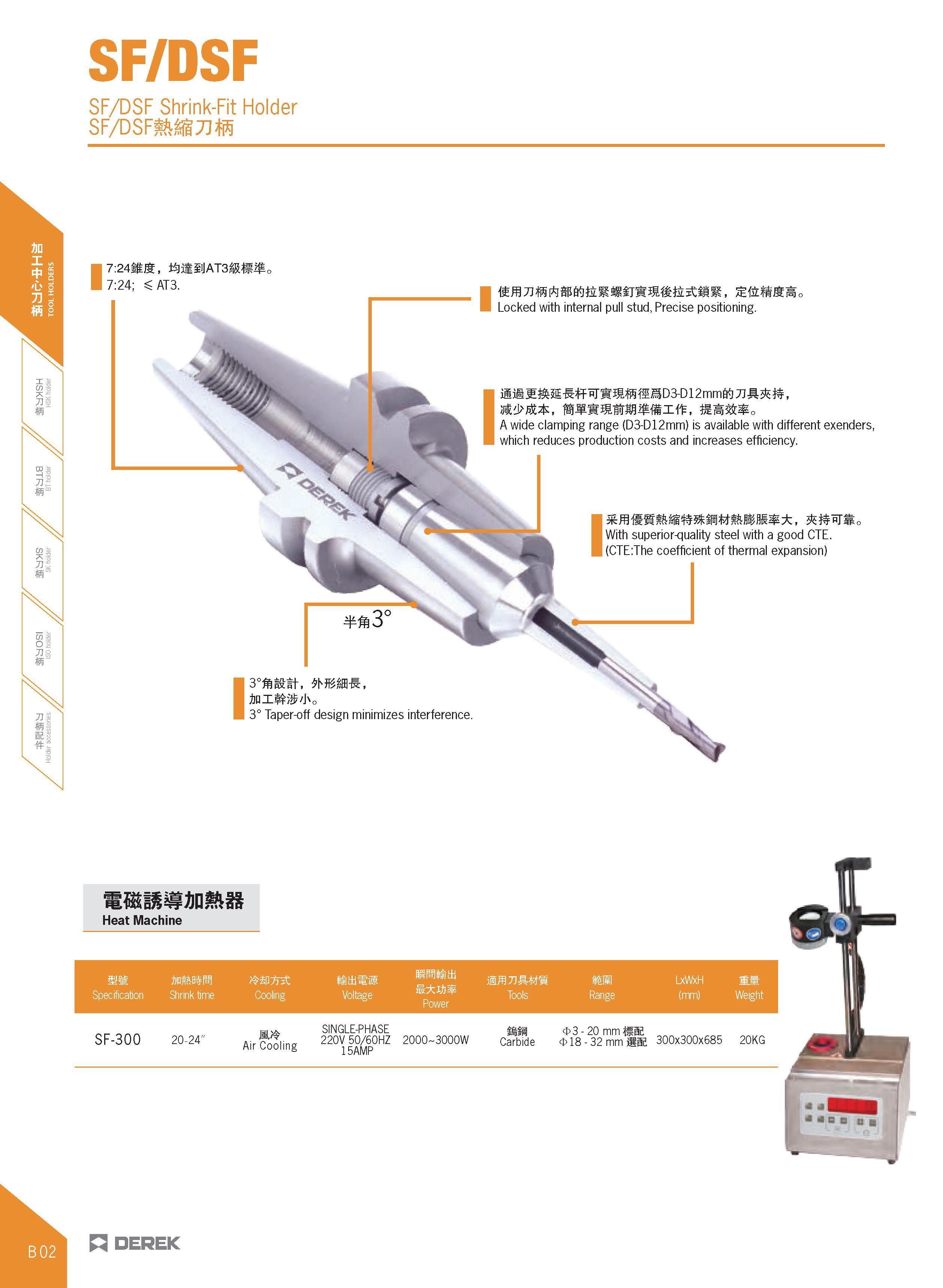 114 SF/DSF SF/DSF Shrink-Fit Holder st/vsmMTim Heat Machine Specification Shrink time Cooling mtams Voltage Power mmn mm Tools Range LxVtoH (mm) KJK Каталог DEREK 2017 Инструмент металлорежущий и станочная оснастка Фрезы концевые твердосплавные и с режущими сменными пластинами Резцы Державки Расточные головки  Стр. B02