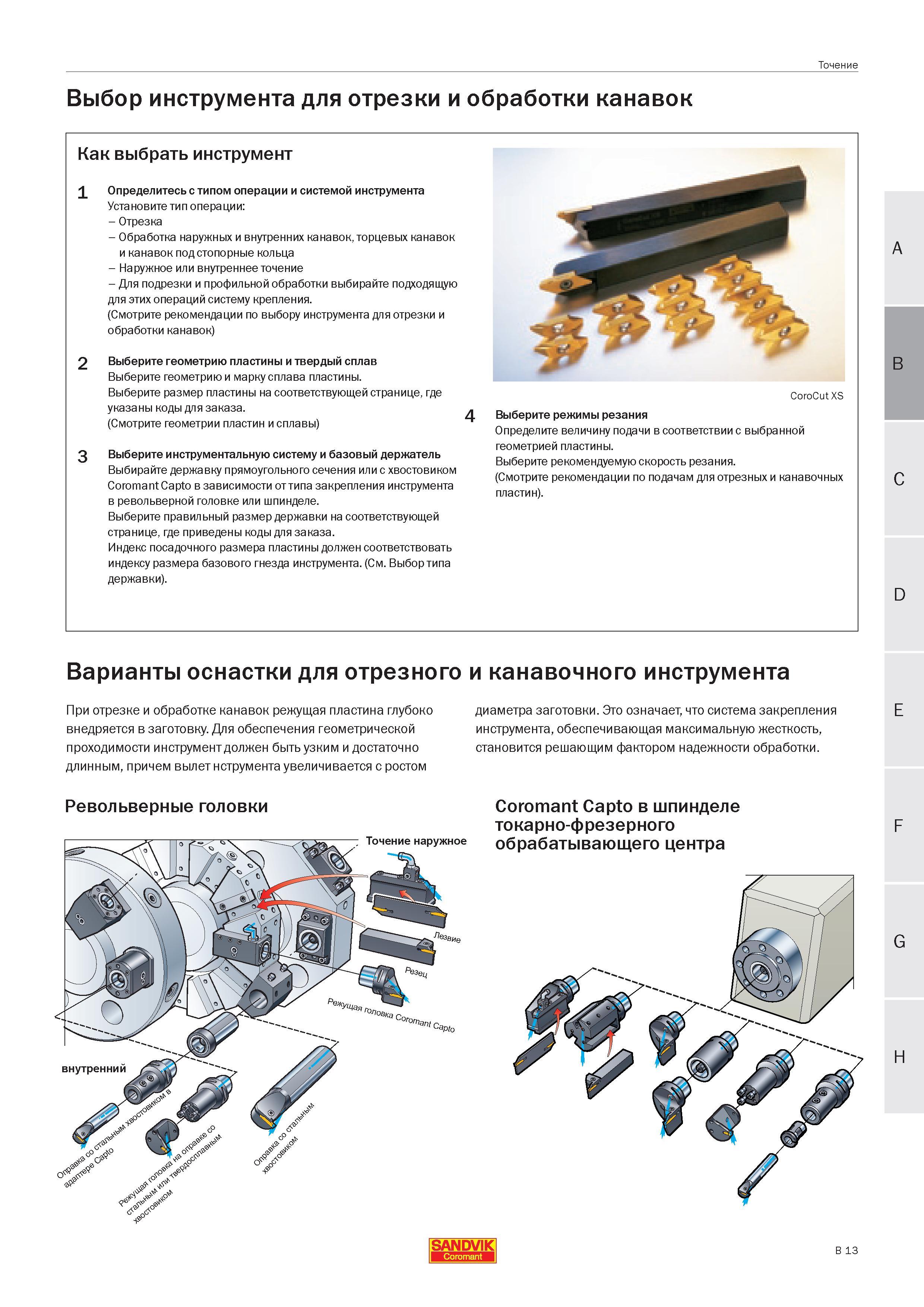 101 Выбор инструмента Sandvik Coromant для отрезки и обработки канавок Как выбрать инструмент Определитесь с типом операции и системой инструмента Ус Руководство SANDVIK COROMANT 2005 по современной обработке металлов резанием на металлорежущих станках и центрах с ЧПУ Стр. B13
