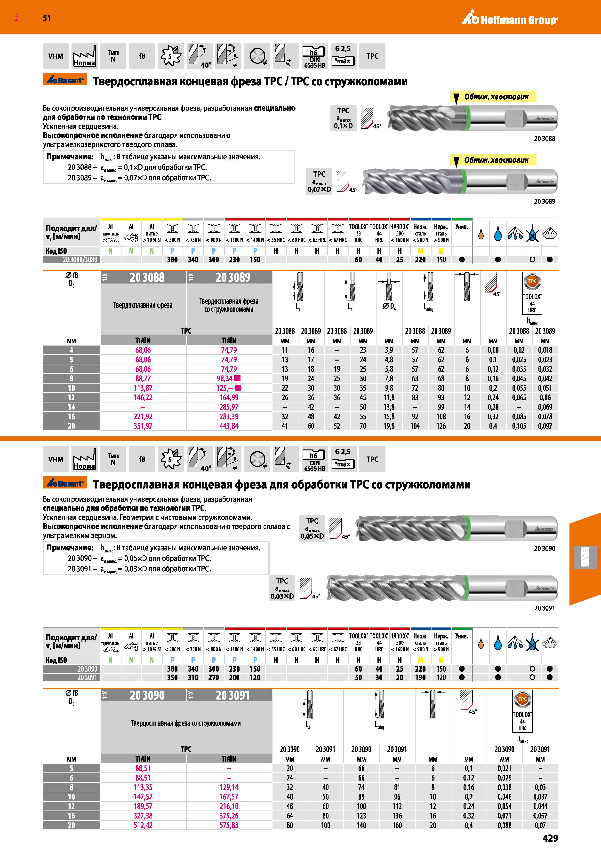 429 Hoffmann Group 51 VHM NKN Норма Тип N f8 p у, 40 1 Q a “ЙЛ DIN 6535 HB G 2,5 max I TPC Garant Твердосплавная концевая фреза ТРС / ТРС со стружкол Каталог HOFFMANN GROUP 2020 Режущий и вспомогательный инструмент для металлорежущих станков с ЧПУ и универсальных Сверла Фрезы Метчики Резцы Развертки Оснастка инструментальная Стр. 429