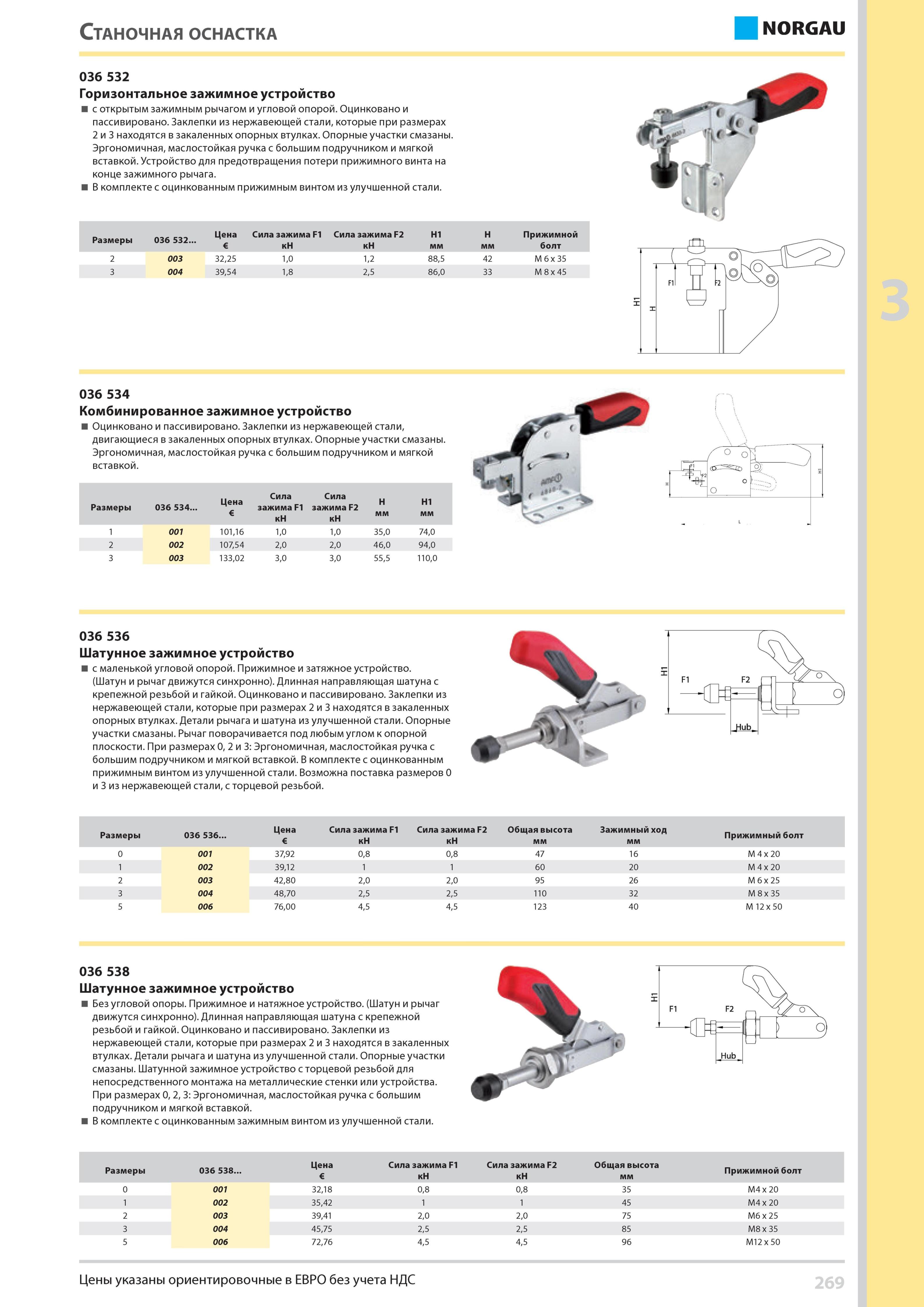 285 Горизонтальное зажимное устройство с открытым зажимным рычагом и угловой опорой Оцинковано и пассивировано Заклепки из нержавеющей стали которые при размер Каталог NORGAU 2014 Профессиональные инструменты и промышленное оборудование Стр. 269