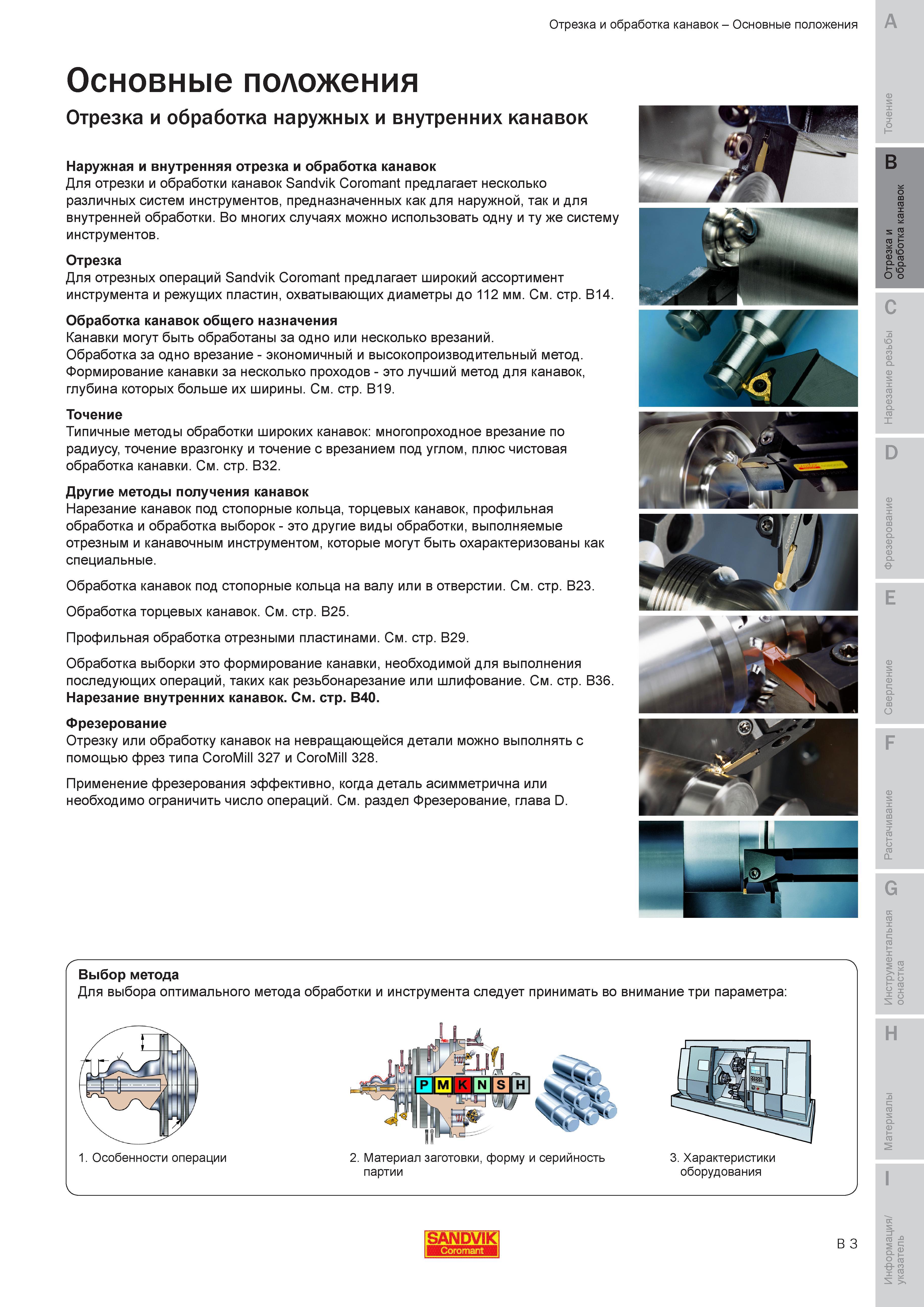 162 Для отрезки и обработки канавок Sandvik Coromant предлагает несколько различных систем инструментов предназначенных как для наружной так и для внут Руководство SANDVIK COROMANT 2010 по металлообработке Точение Отрезка Обработка канавок Резьбонарезание Фрезерование Сверление Растачивание Инструментальная оснастка Стр. B3