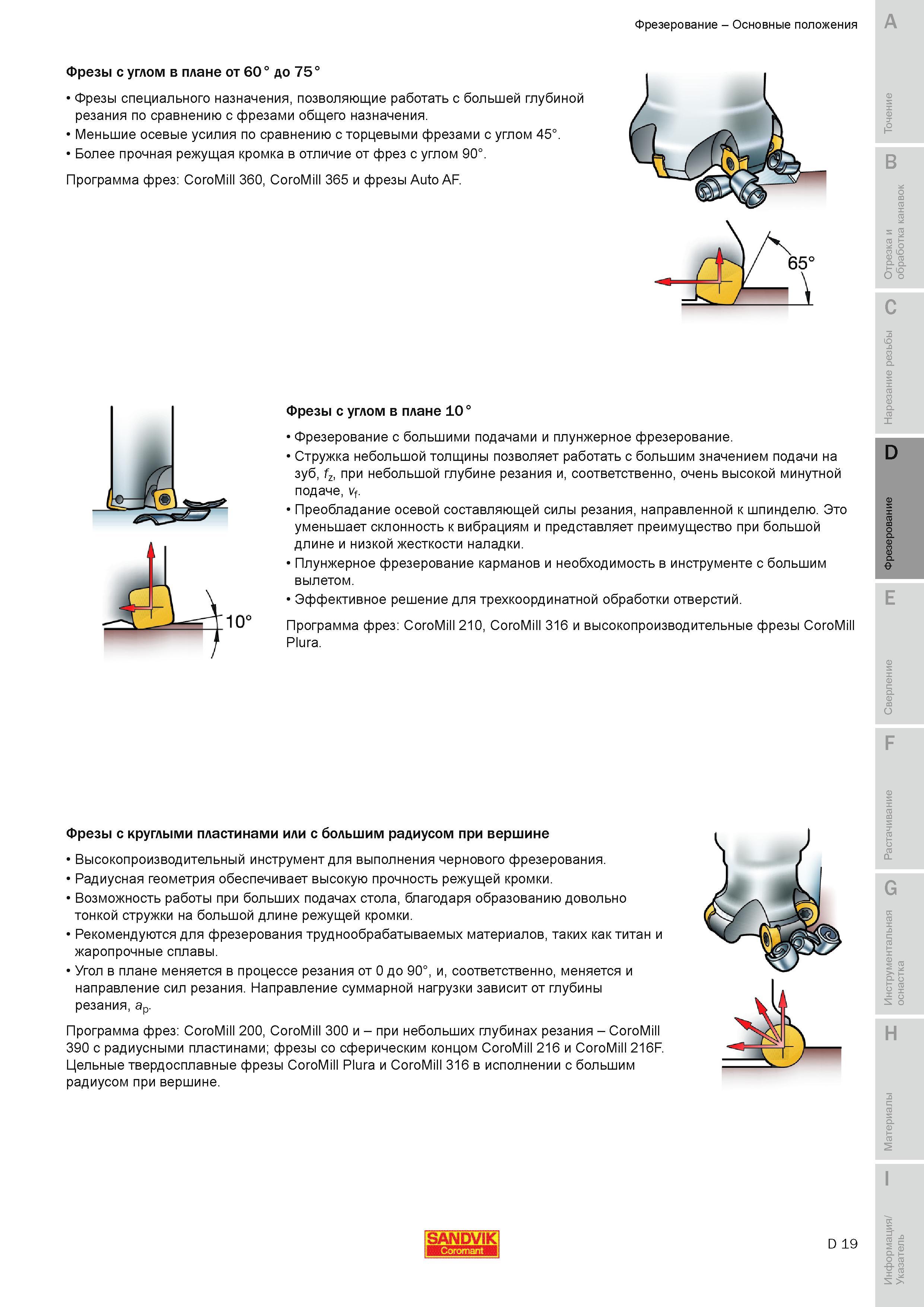 302 Фрезы специального назначения позволяющие работать с большей глубиной резания по сравнению с фрезами общего назначения Меньшие осевые усилия по сра Руководство SANDVIK COROMANT 2010 по металлообработке Точение Отрезка Обработка канавок Резьбонарезание Фрезерование Сверление Растачивание Инструментальная оснастка Стр. D19