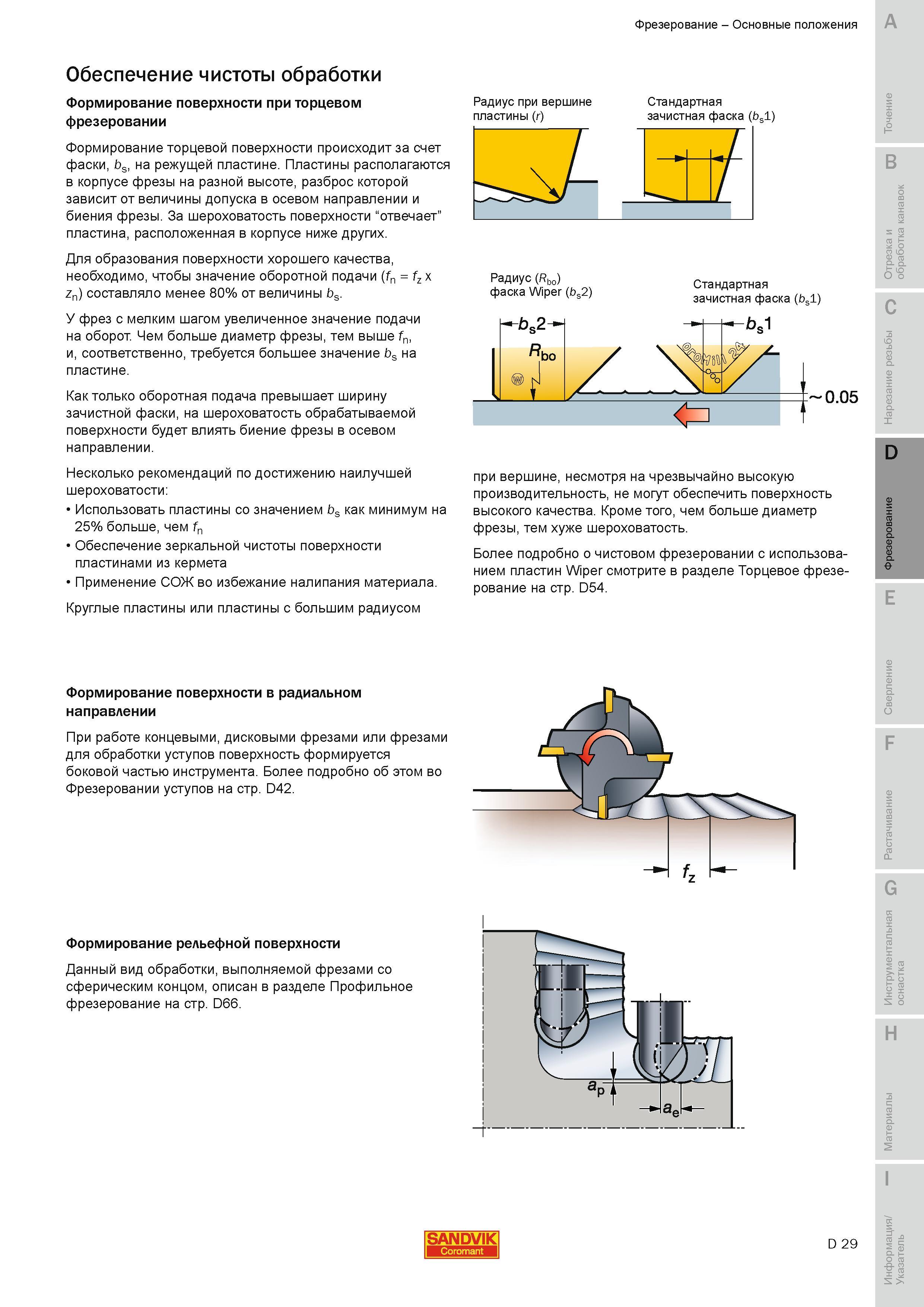 312 Несколько рекомендаций компании Sandvik Coromant по достижению наилучшей шероховатости поверхности обрабатываемой заготовки при фрезеровании Исполь Руководство SANDVIK COROMANT 2010 по металлообработке Точение Отрезка Обработка канавок Резьбонарезание Фрезерование Сверление Растачивание Инструментальная оснастка Стр. D29