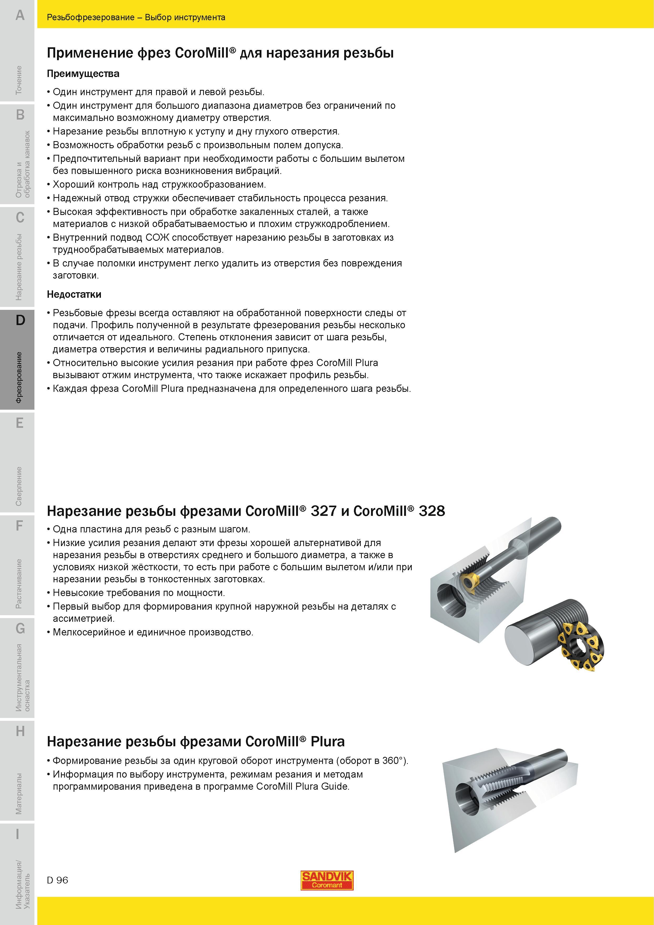 379 Преимущества и недостатки фрезеровки резьбы при применении фрез Sandvik CoroMill Один фрезерный инструмент для правой и левой резьбы Для большого д Руководство SANDVIK COROMANT 2010 по металлообработке Точение Отрезка Обработка канавок Резьбонарезание Фрезерование Сверление Растачивание Инструментальная оснастка Стр. D96