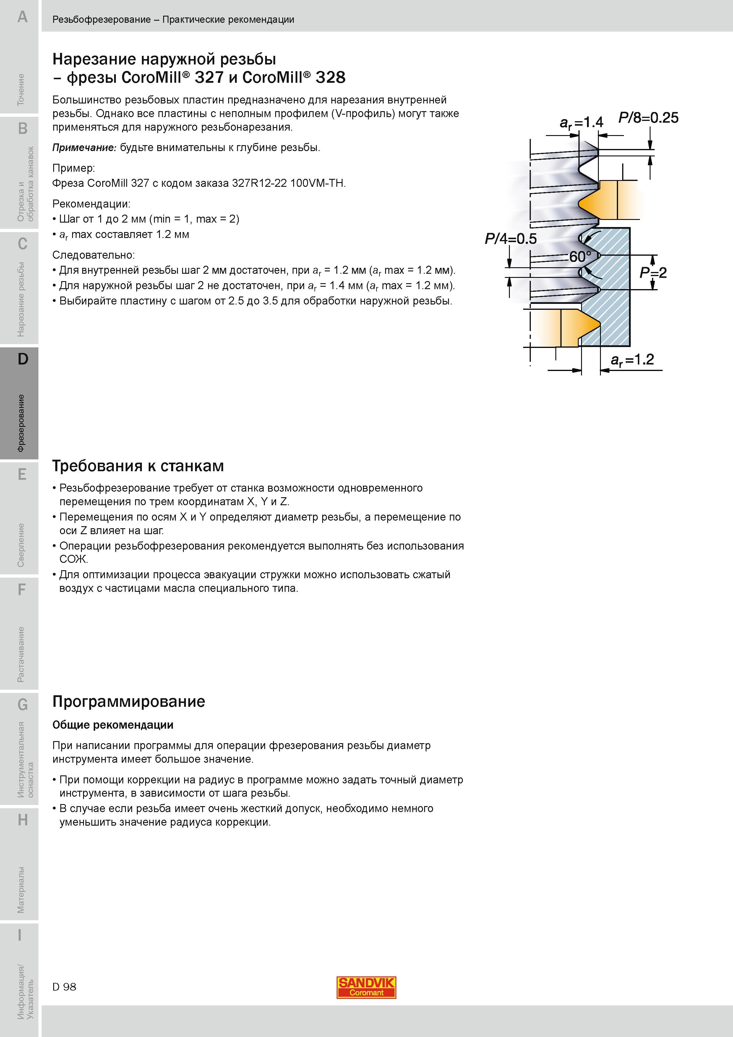 381 Требования к обрабатывающему металлорежущему оборудованию при фрезеровании резьбы Резьбофрезерование требует от станка возможности одновременного п Руководство SANDVIK COROMANT 2010 по металлообработке Точение Отрезка Обработка канавок Резьбонарезание Фрезерование Сверление Растачивание Инструментальная оснастка Стр. D98