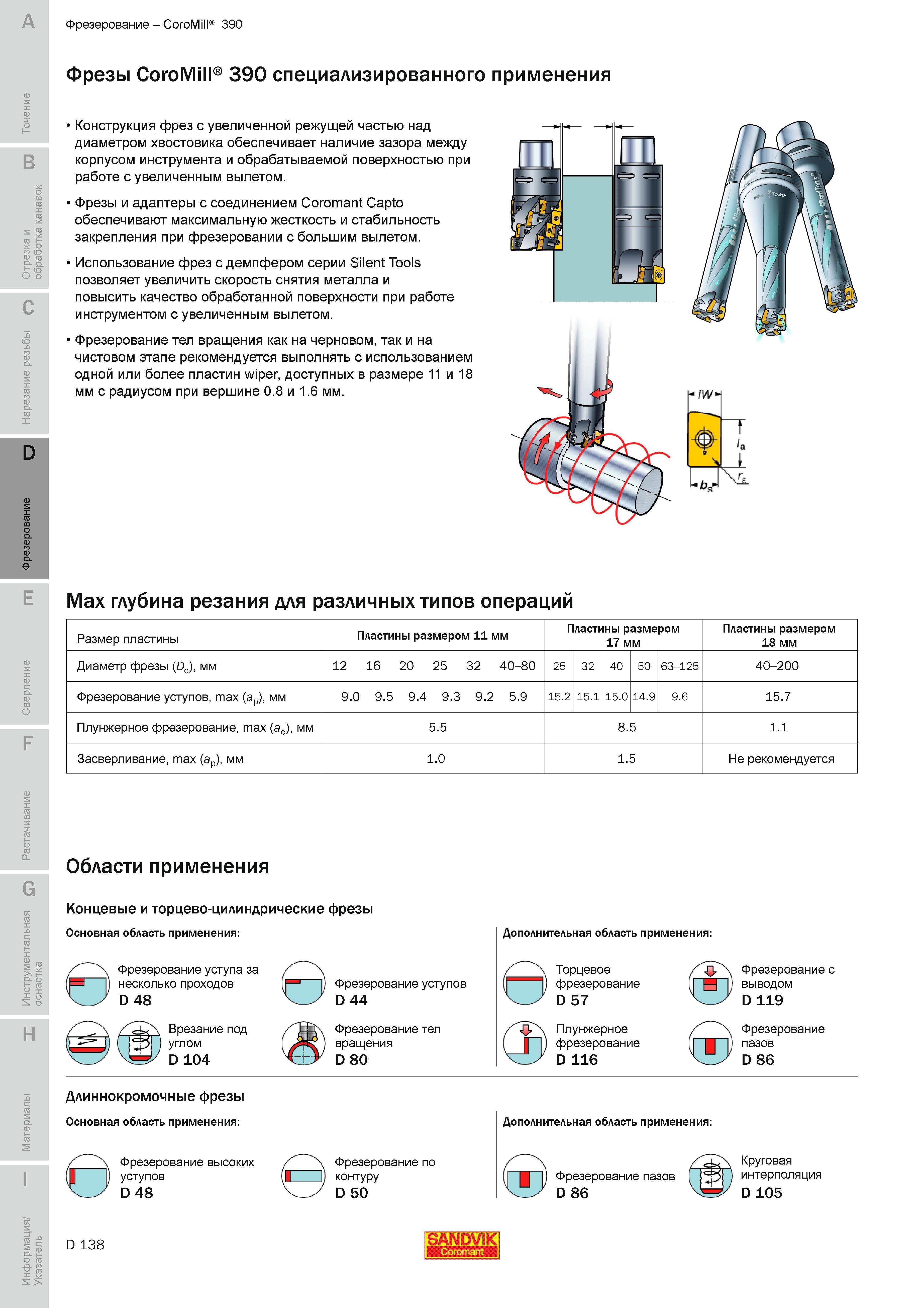 421 Фрезы Sandvik Coromant CoroMill 390 специализированного применения Конструкция фрез с увеличенной режущей частью над диаметром хвостовика обеспечив Руководство SANDVIK COROMANT 2010 по металлообработке Точение Отрезка Обработка канавок Резьбонарезание Фрезерование Сверление Растачивание Инструментальная оснастка Стр. D138