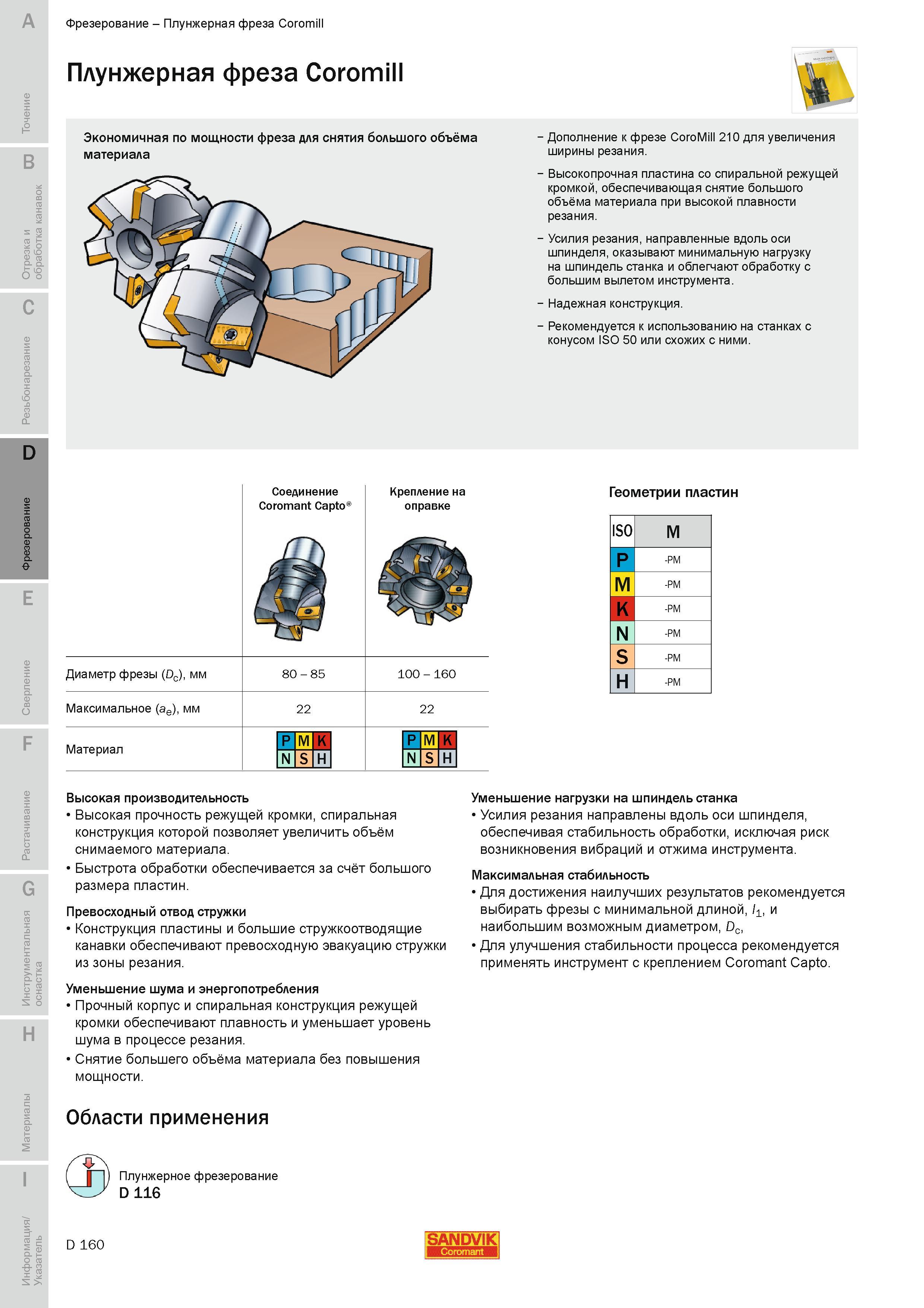 443 Плунжерная фреза Sandvik Coromill Экономичная по мощности фреза для снятия большого объёма материала Дополнение к фрезе CoroMill 210 для увеличения Руководство SANDVIK COROMANT 2010 по металлообработке Точение Отрезка Обработка канавок Резьбонарезание Фрезерование Сверление Растачивание Инструментальная оснастка Стр. D160