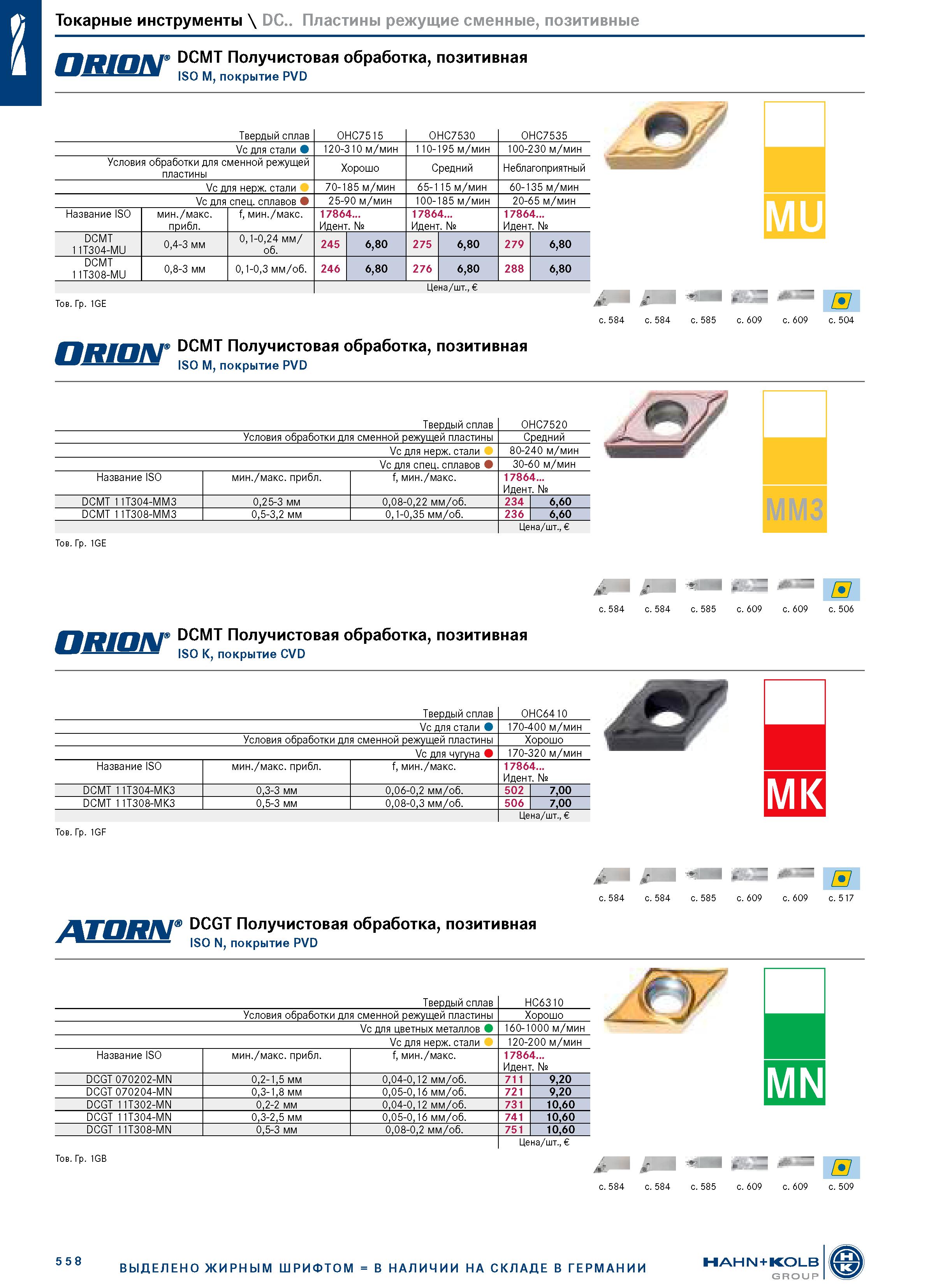 572 Токарные инструменты \ DC Пластины режущие сменные, позитивные DCMT Получистовая обработка, позитивная ШшЯЛЖЯЗМШ ISO м, покрытие PVD Твердый спла Каталог HAHN+KOLB 2019 Инструмент режущий по металлу Оснастка станочная зажимная Измерительное оборудование и приборы Производственная мебель Техническая химия Стр. 558