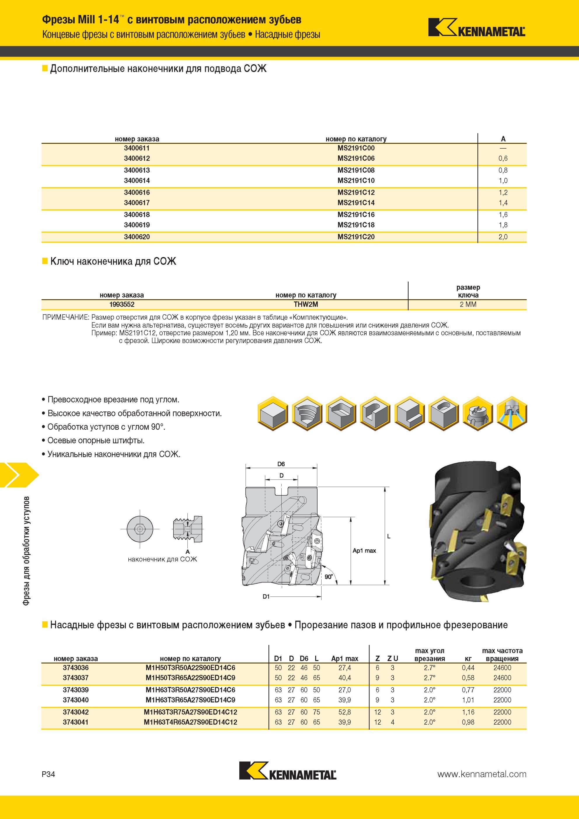 1724 Концевые фрезы Kennametal с винтовым расположением зубьев Дополнительные наконечники для подвода СОЖ номер заказа номер по каталогу Фрезы для обработк Мастер-каталог KENNAMETAL 2013 Металлорежущий инструмент Точение Обработка отверстий Фрезерование Стр. P34