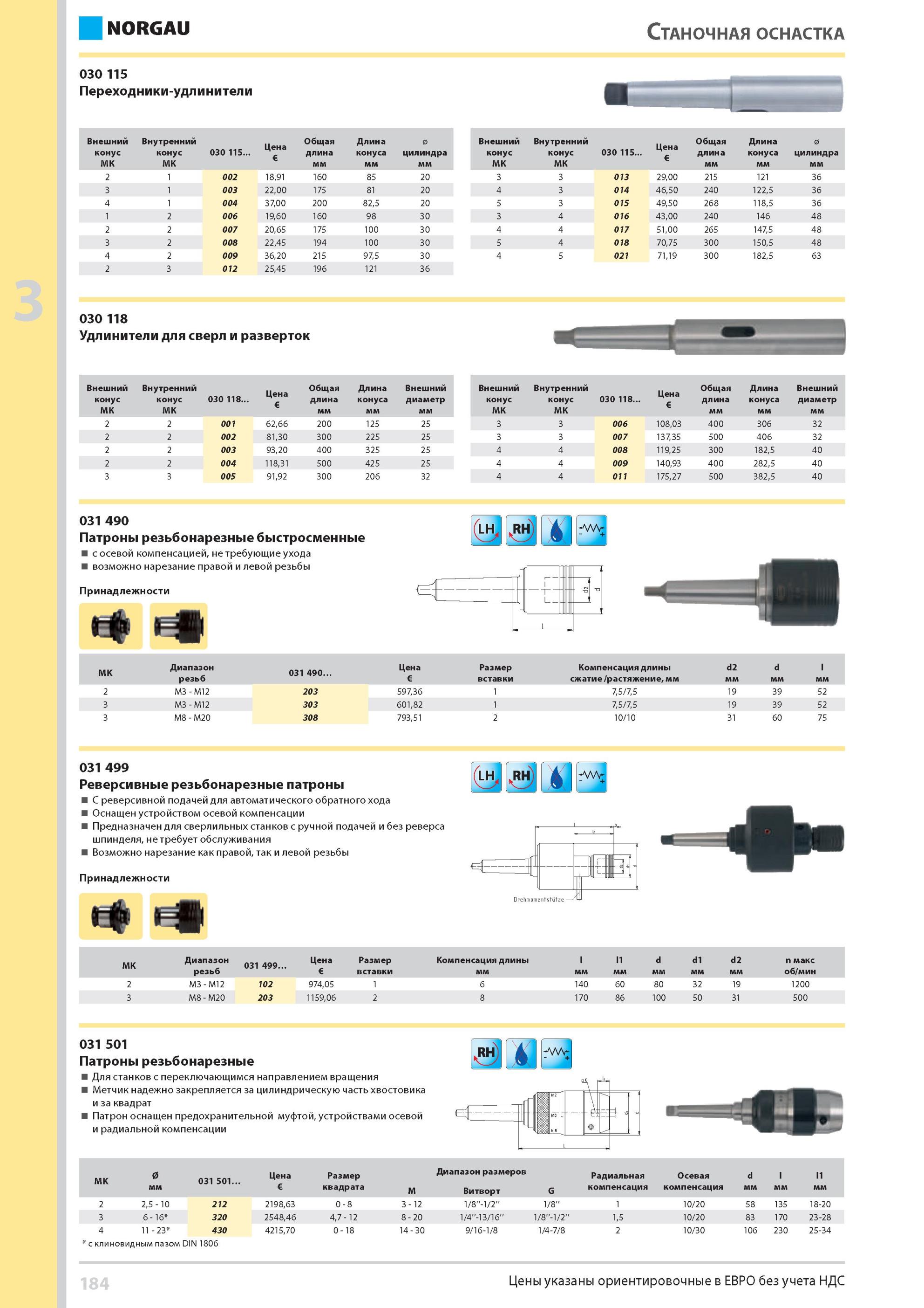 200 Реверсивные резьбонарезные патроны С реверсивной подачей для автоматического обратного хода Оснащен устройством осевой компенсации Предназначен для сверлил Каталог NORGAU 2014 Профессиональные инструменты и промышленное оборудование Стр. 184