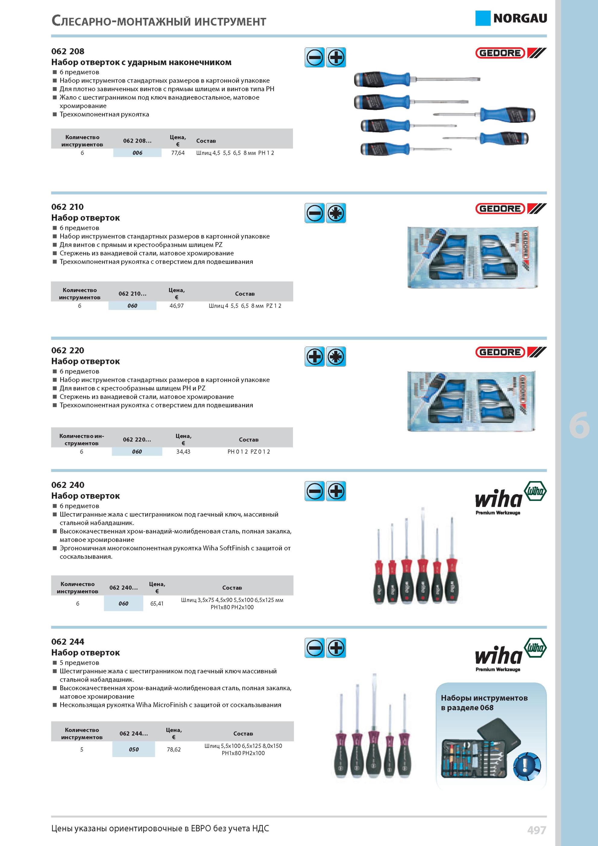 513 Набор отверток с ударным наконечником 6 предметов Набор инструментов стандартных размеров в картонной упаковке Для плотно завинченных винтов с прямым шлице Каталог NORGAU 2014 Профессиональные инструменты и промышленное оборудование Стр. 497