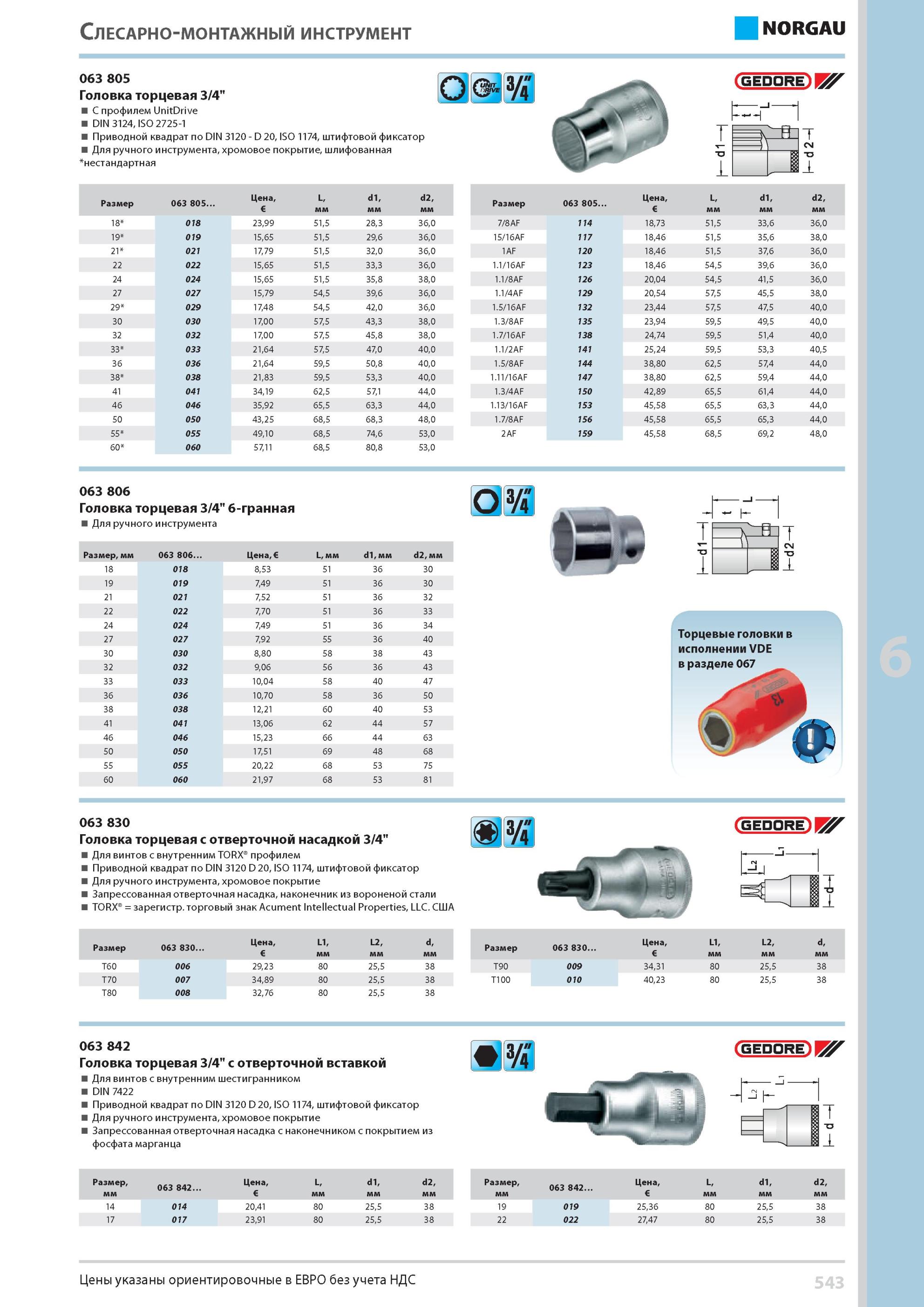 559 Головка торцевая 3/4 С профилем UnitDrive DIN 3124, ISO 2725-1 Приводной квадрат по DIN 3120 D 20, ISO 1174, штифтовой фиксатор Для ручного инструмента, хр Каталог NORGAU 2014 Профессиональные инструменты и промышленное оборудование Стр. 543