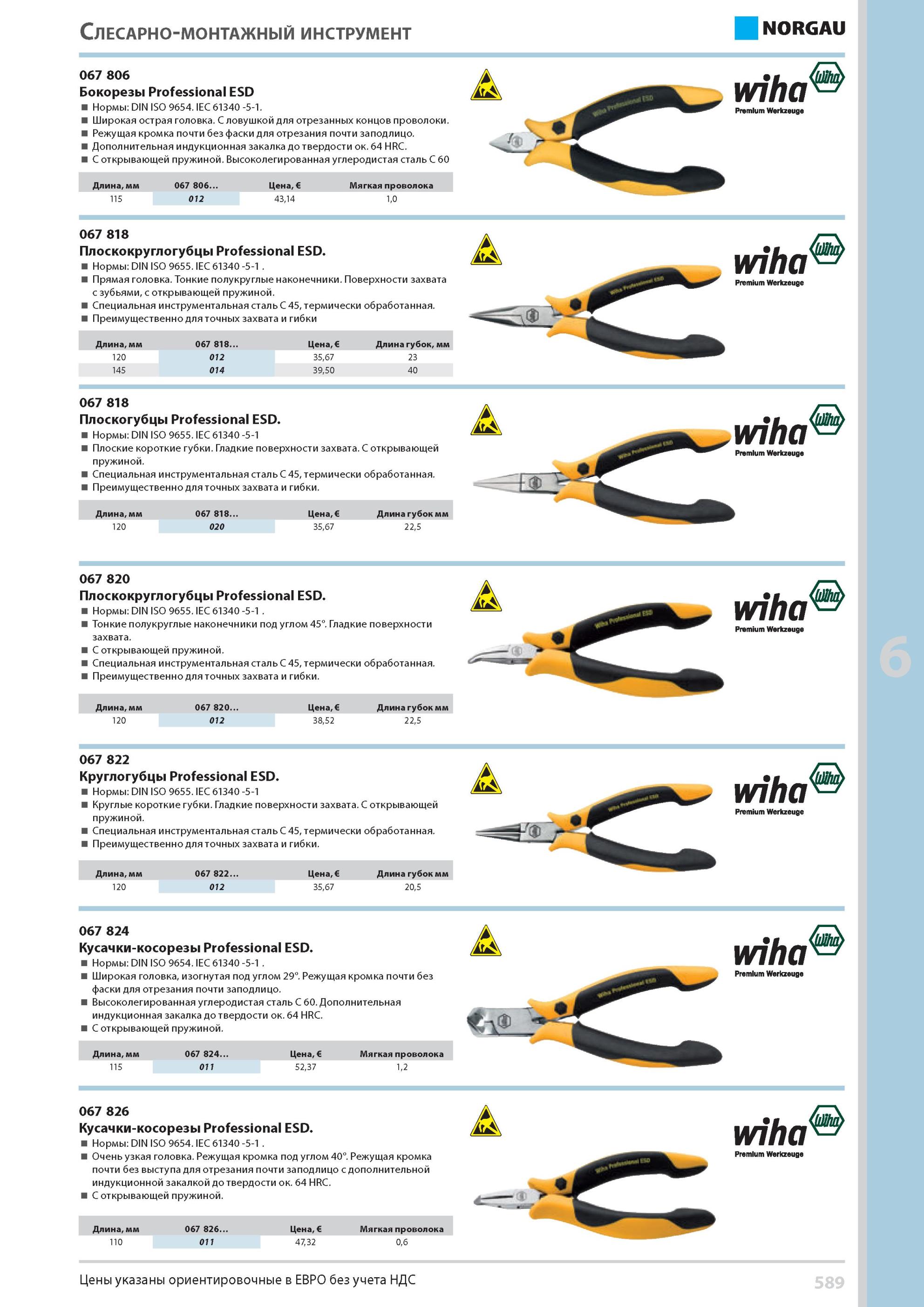 605 Бокорезы Professional ESD Нормы DIN ISO 9654 IEC 61340 -5-1 Широкая острая головка С ловушкой для отрезанных концов проволоки Режущая кромка почти без фаск Каталог NORGAU 2014 Профессиональные инструменты и промышленное оборудование Стр. 589