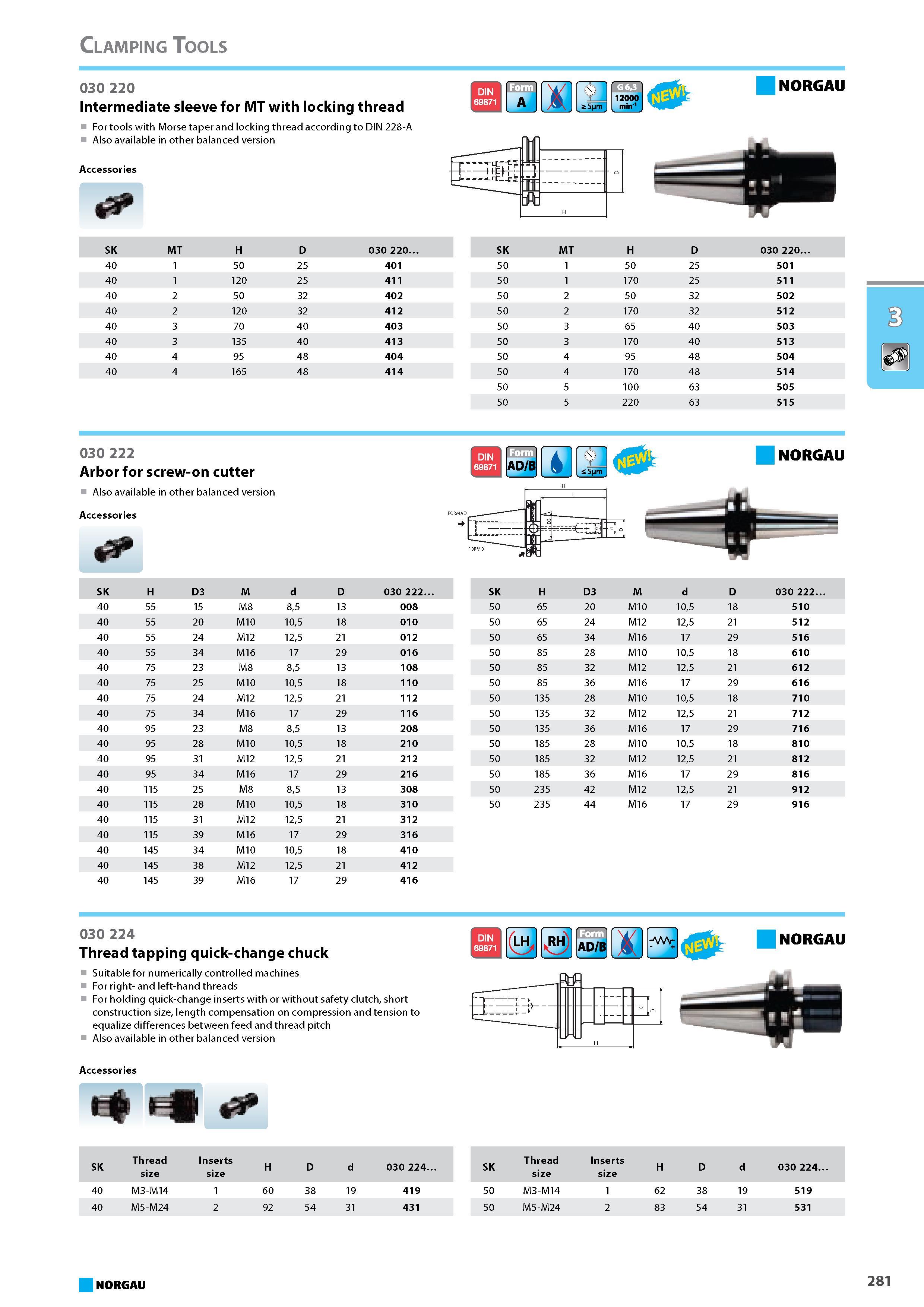 297 Intermediate sleeve for MT with locking thread For tools with Morse taper and locking thread according to DIN 228-A Also available in other balanced version Accessorie Каталог NORGAU 2015 Инструмент режущий измерительный слесарно-монтажный Стр. 281