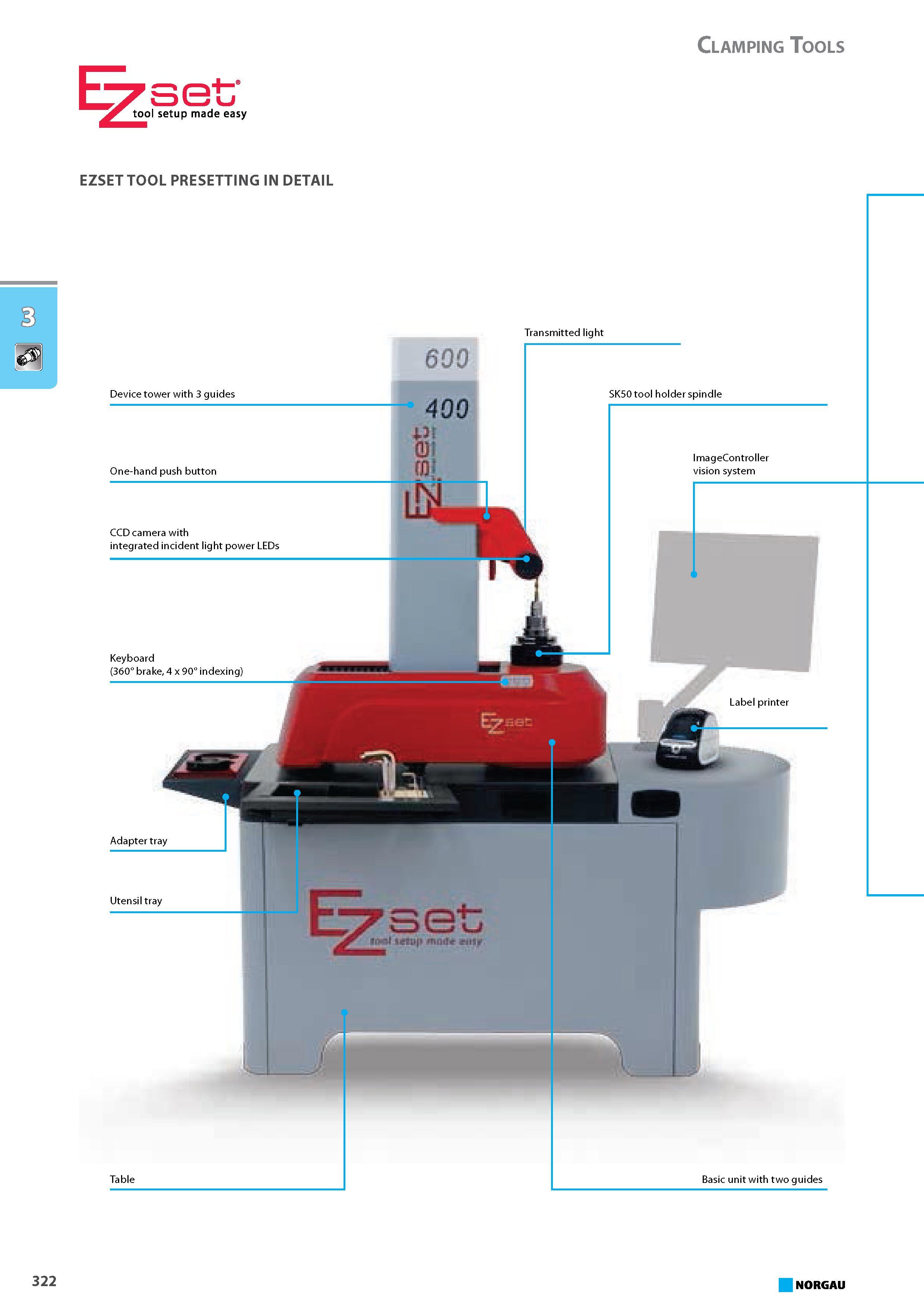 338 EZSET TOOL PRESETTING IN DETAIL Transmitted light Device tower with 3 guides One-hand push button CCD camera with integrated incident light power LEDs Keyboard (360 br Каталог NORGAU 2015 Инструмент режущий измерительный слесарно-монтажный Стр. 322