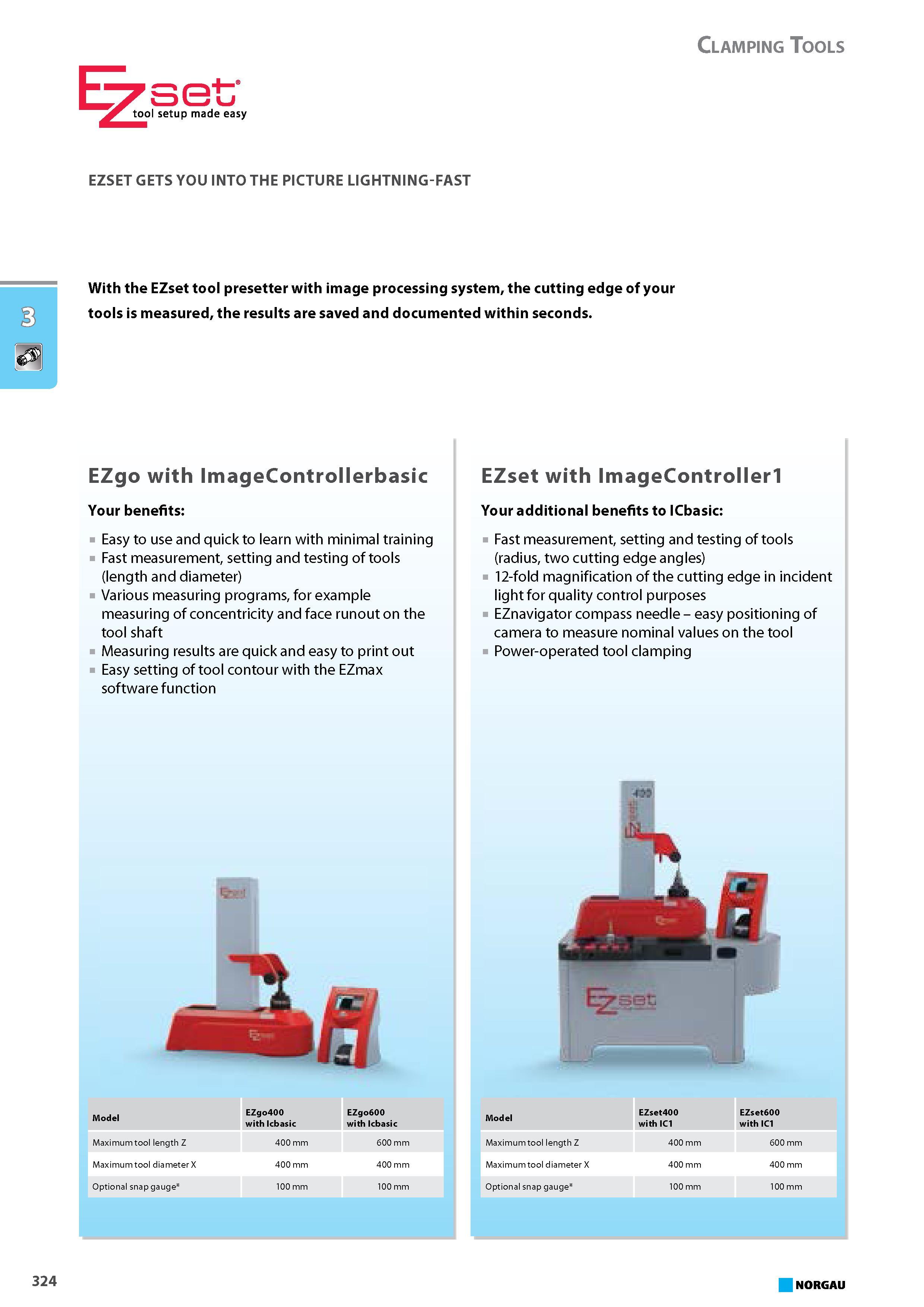 340 With the EZset tool presetter with image processing system the cutting edge of your tools is measured the results are saved and documented within seconds EZgo with Ima Каталог NORGAU 2015 Инструмент режущий измерительный слесарно-монтажный Стр. 324