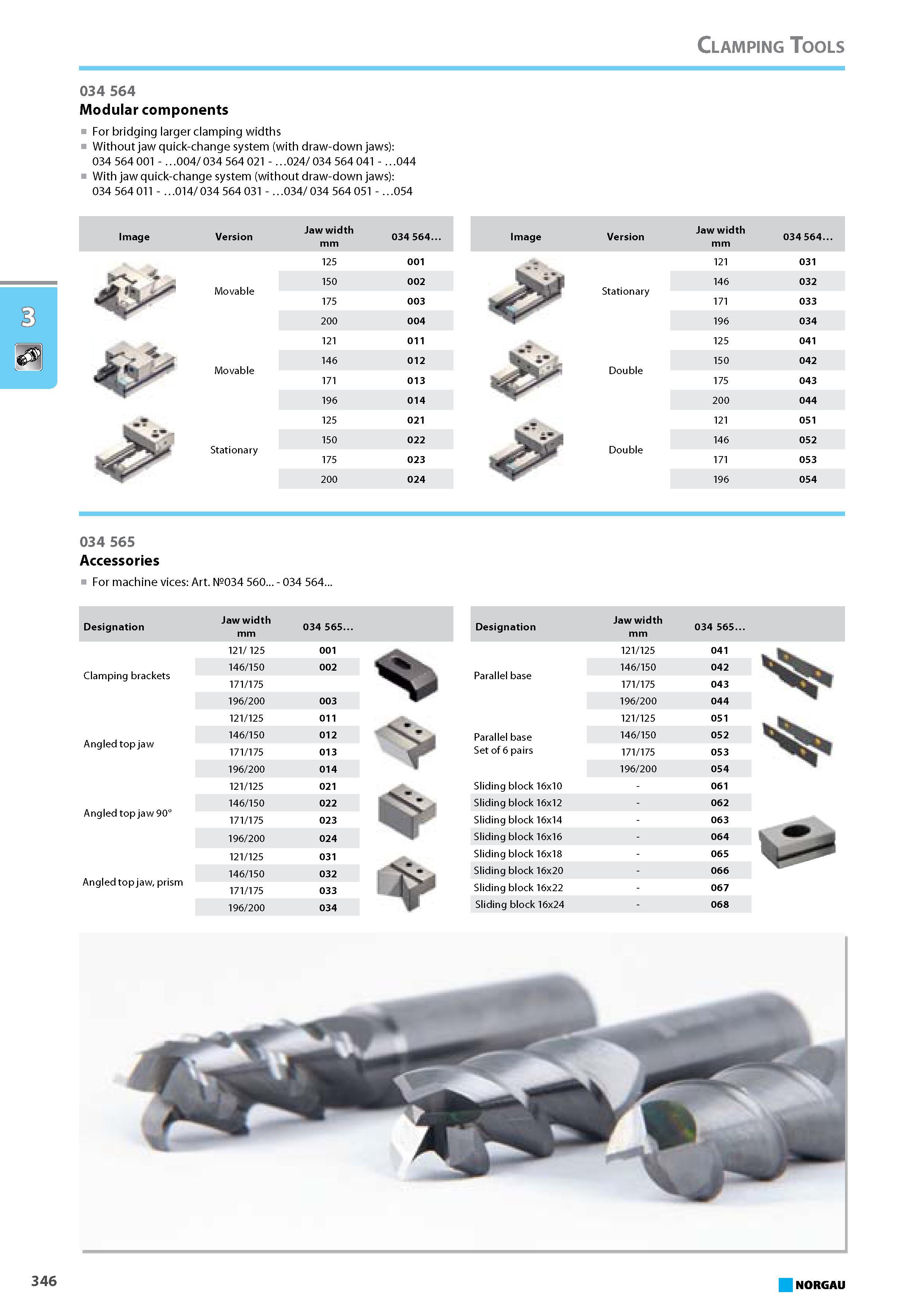 362 Modular components For bridging larger clamping widths Without jaw quick-change system with draw-down jaws 034 564 001 - 004 034 564 021 - 024 034 564 041 - 044 With j Каталог NORGAU 2015 Инструмент режущий измерительный слесарно-монтажный Стр. 346