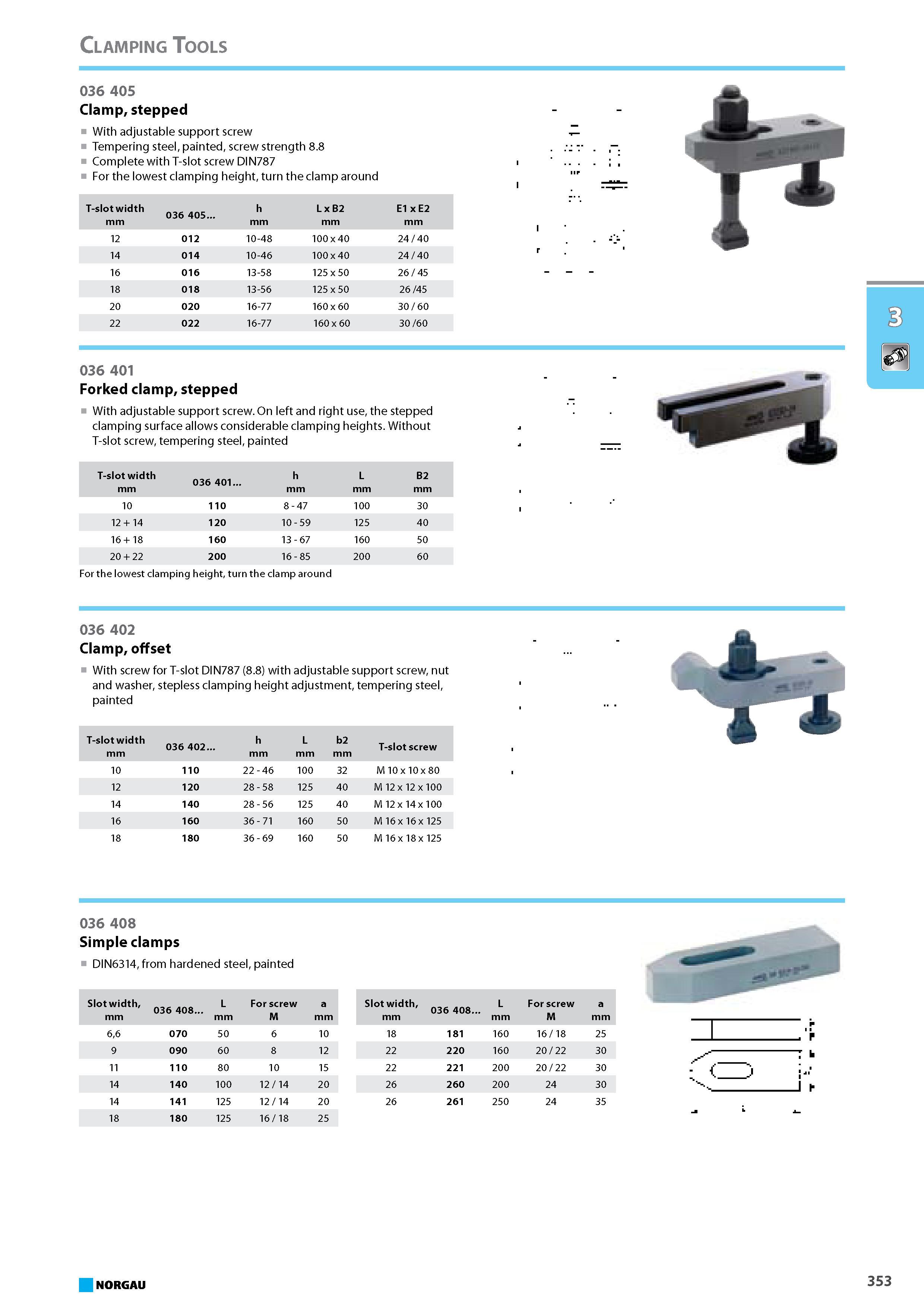 369 Clamp stepped With adjustable support screw Tempering steel painted screw strength 8.8 Complete with T-slot screw DIN787 For the lowest clamping height turn the clamp Каталог NORGAU 2015 Инструмент режущий измерительный слесарно-монтажный Стр. 353