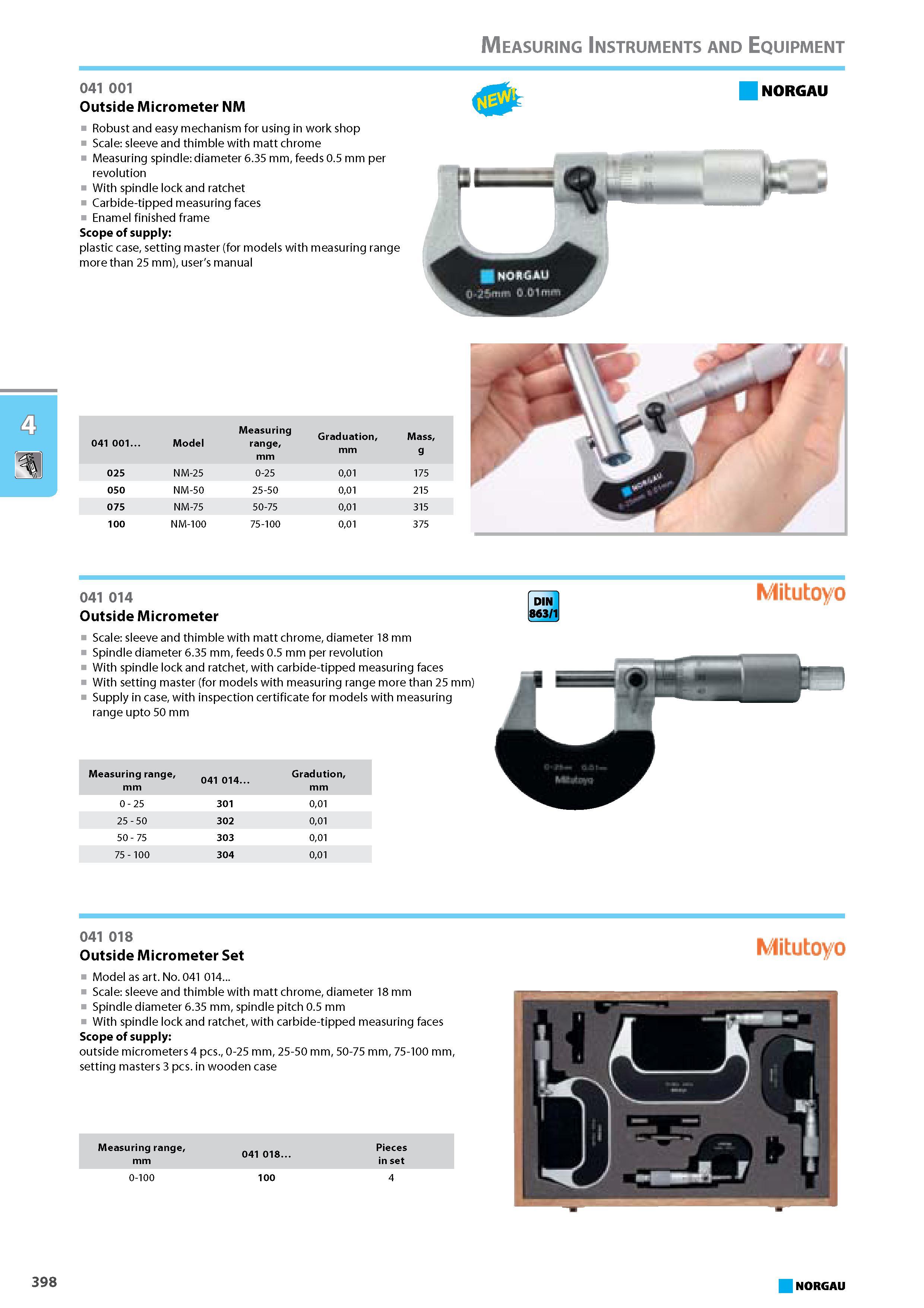 414 Outside Micrometer NM Robust and easy mechanism for using in work shop Scale sleeve and thimble with matt chrome Measuring spindle diameter 6.35 mm feeds 0.5 mm per re Каталог NORGAU 2015 Инструмент режущий измерительный слесарно-монтажный Стр. 398