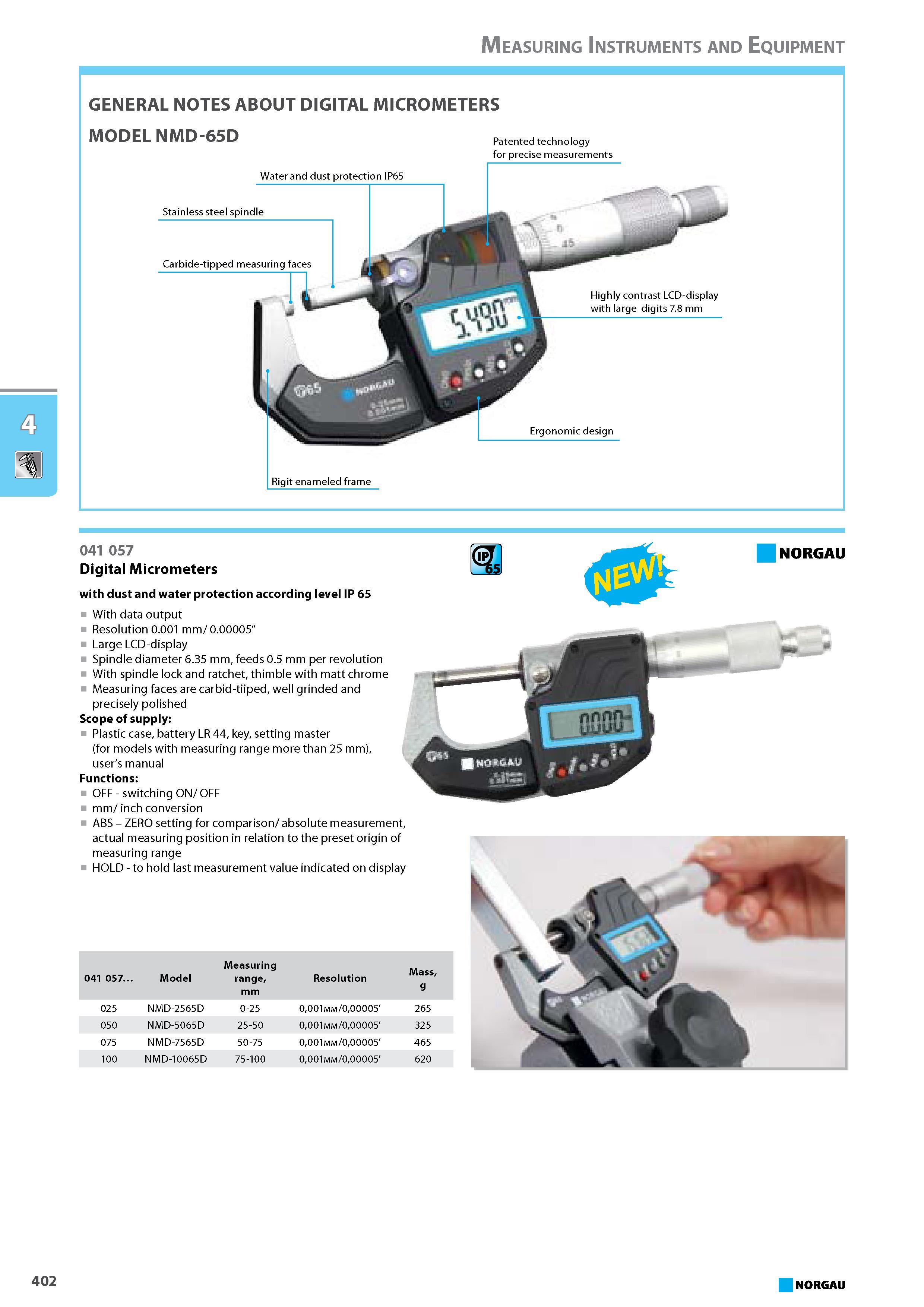 418 GENERAL NOTES ABOUT DIGITAL MICROMETERS MODEL NMD-65D Patented technology for precise measurements Water and dust protection IP65 Stainless steel spindle Carbide-tippe Каталог NORGAU 2015 Инструмент режущий измерительный слесарно-монтажный Стр. 402