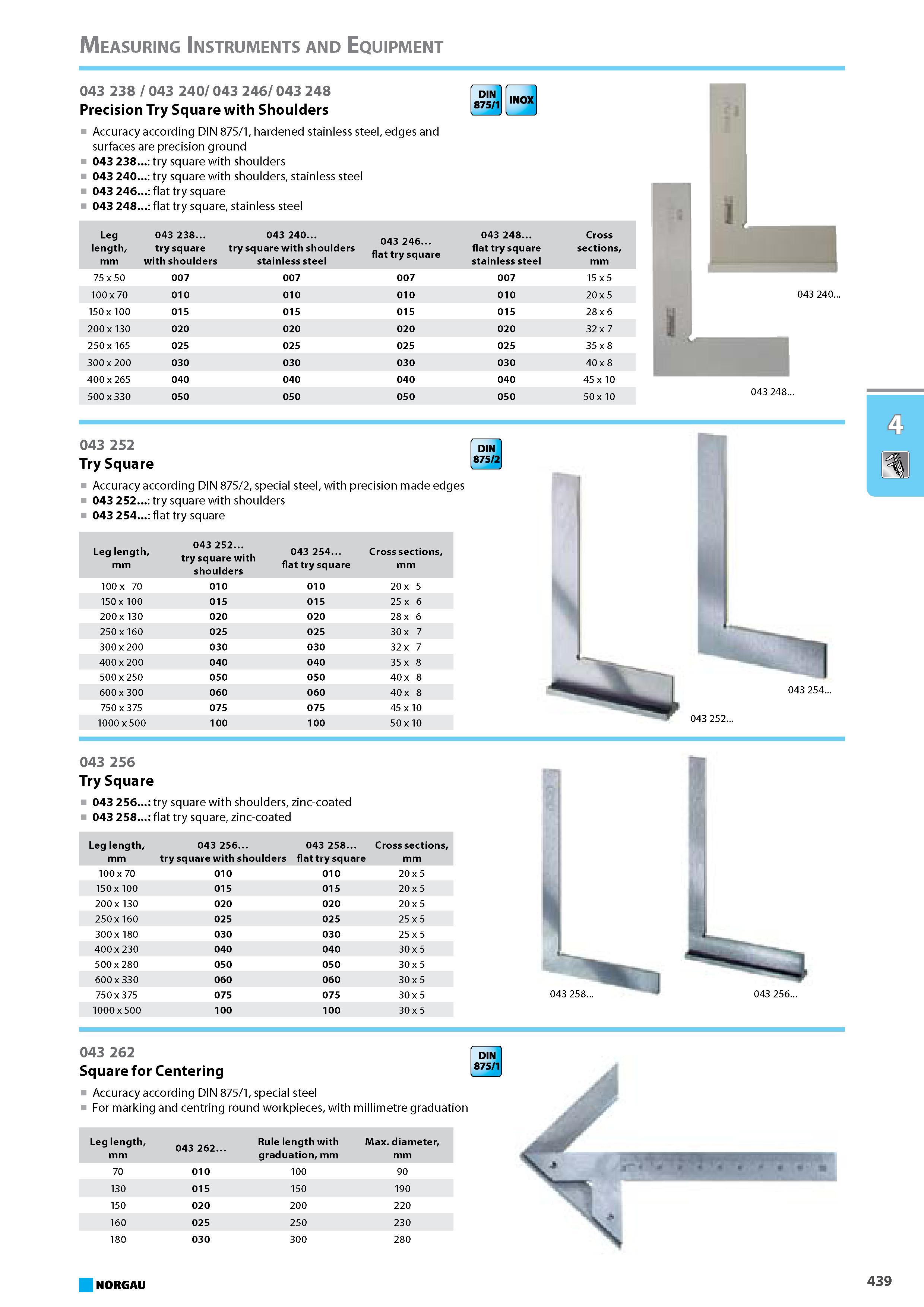 455 Precision Try Square with Shoulders Accuracy according DIN 875 1 hardened stainless steel edges and surfaces are precision ground 043 238 try square with shoulders 043 Каталог NORGAU 2015 Инструмент режущий измерительный слесарно-монтажный Стр. 439