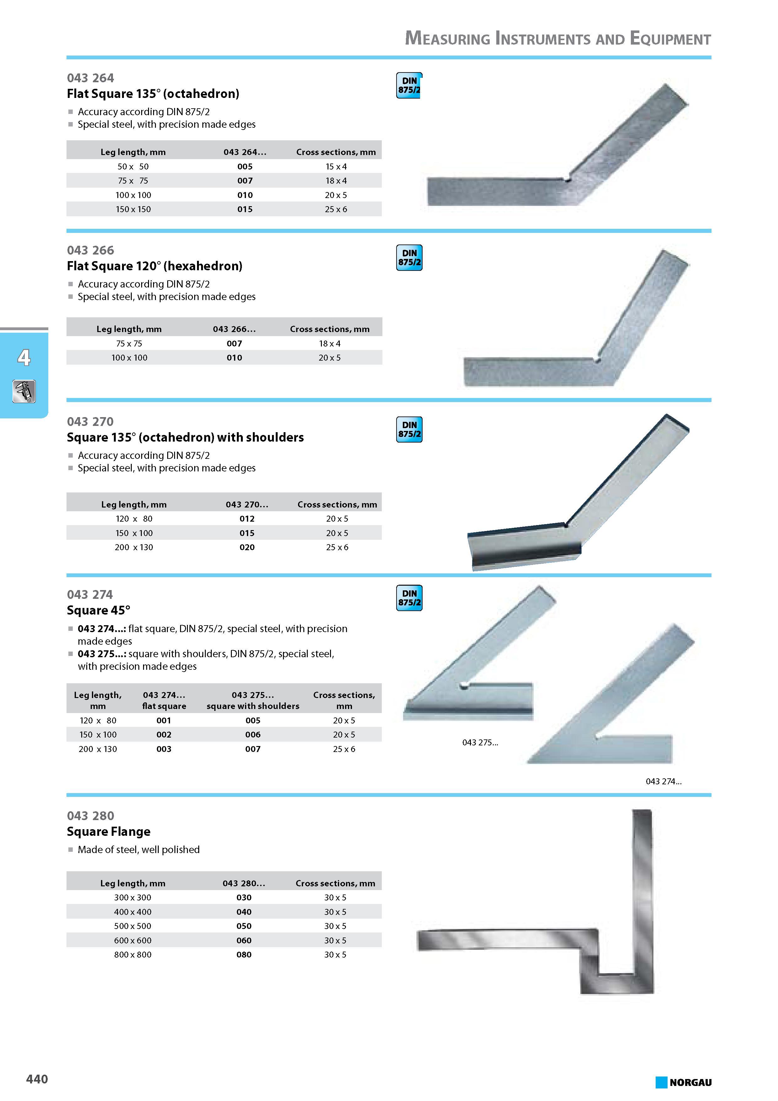 456 Flat Square 135 octahedron Accuracy according DIN 875 2 Special steel with precision made edges Leg length mm 043 264. Cross sections mm 50 x 50 005 15 x 4 75 x 75 0 0 Каталог NORGAU 2015 Инструмент режущий измерительный слесарно-монтажный Стр. 440