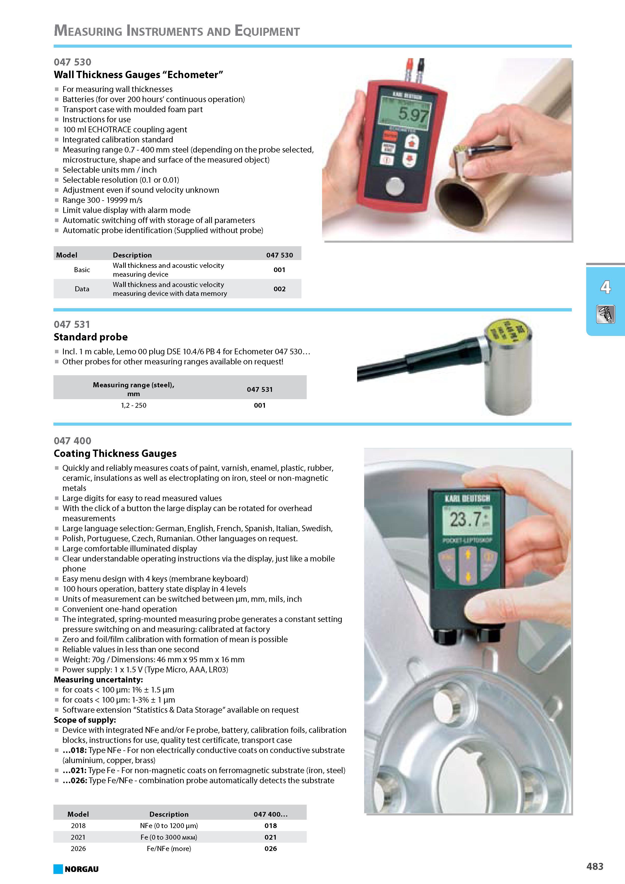 499 Wall Thickness Gauges Echometer For measuring wall thicknesses Batteries for over 200 hours' continuous operation Transport case with moulded foam part Instructions fo Каталог NORGAU 2015 Инструмент режущий измерительный слесарно-монтажный Стр. 483