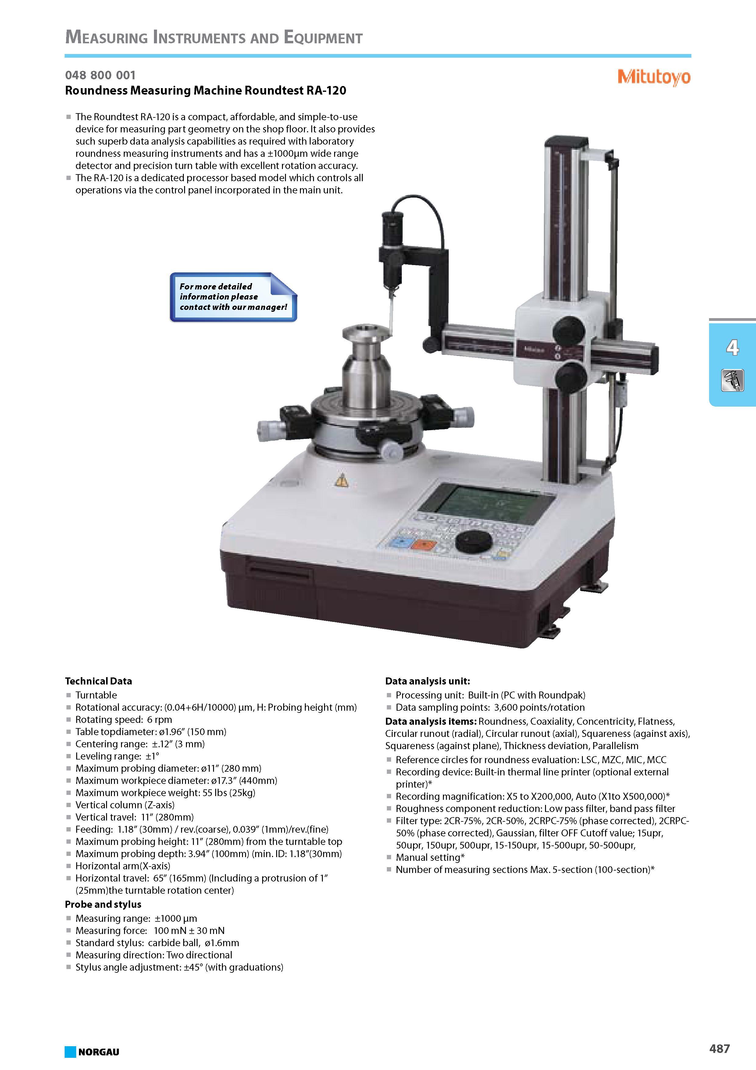 503 The Roundtest RA-120 is a compact affordable and simple-to-use device for measuring part geometry on the shop floor. It also provides such superb data analysis capabil Каталог NORGAU 2015 Инструмент режущий измерительный слесарно-монтажный Стр. 487