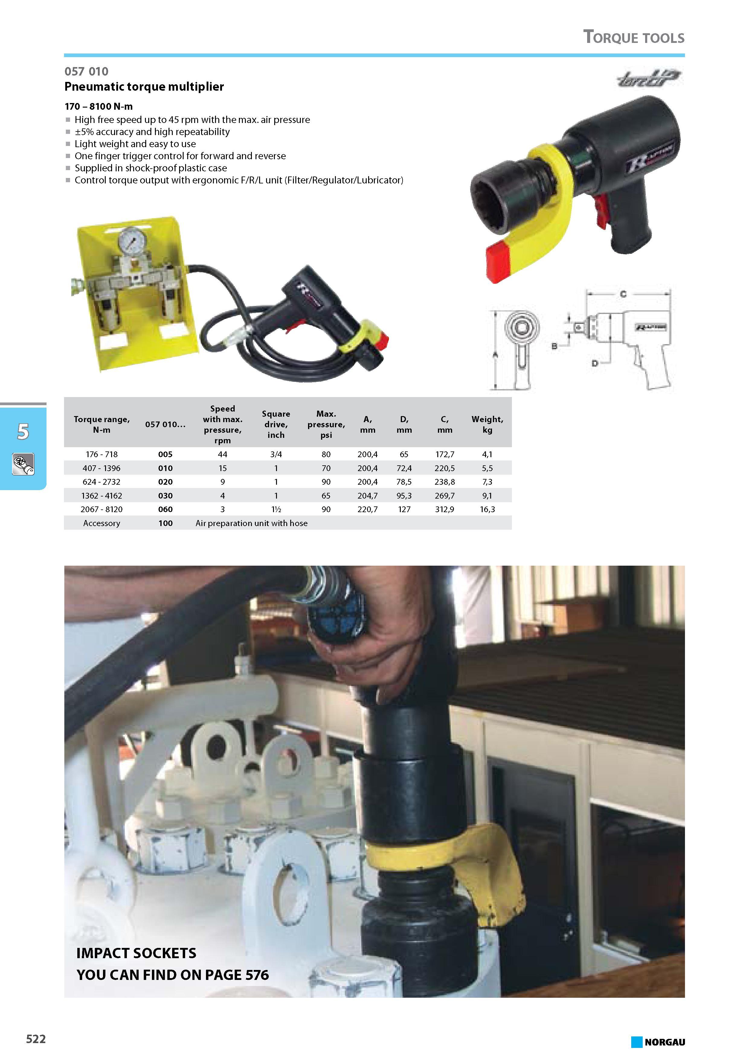 538 Pneumatic torque multiplier 170 - 8100 N-m High free speed up to 45 rpm with the max. air pressure 5% accuracy and high repeatability Light weight and easy to use One Каталог NORGAU 2015 Инструмент режущий измерительный слесарно-монтажный Стр. 522