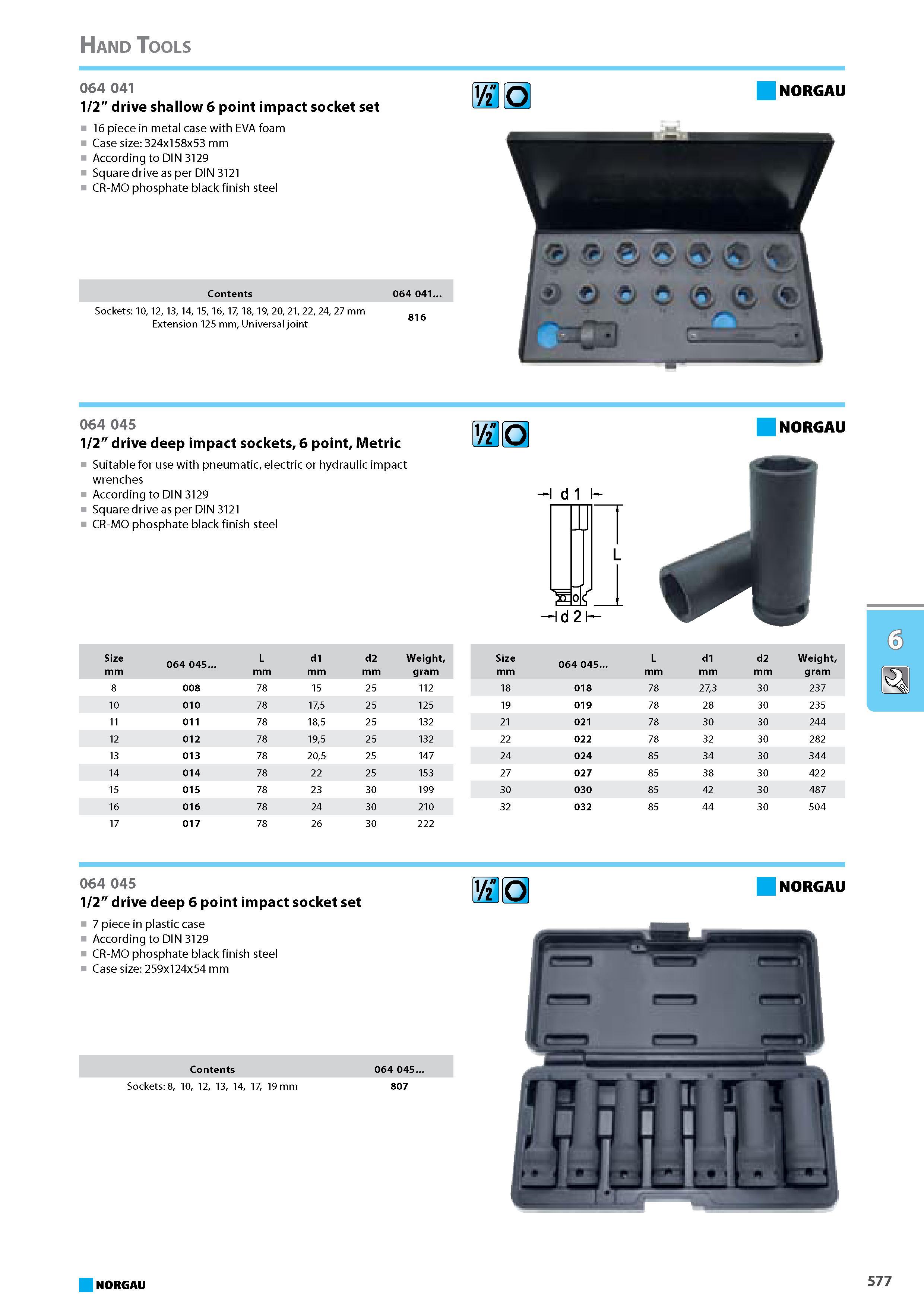 593 drive shallow 6 point impact socket set 1/2 16 piece in metal case with EVA foam Case size 324x158x53 mm According to DIN 3129 Square drive as per DIN 3121 CR-MO phosp Каталог NORGAU 2015 Инструмент режущий измерительный слесарно-монтажный Стр. 577
