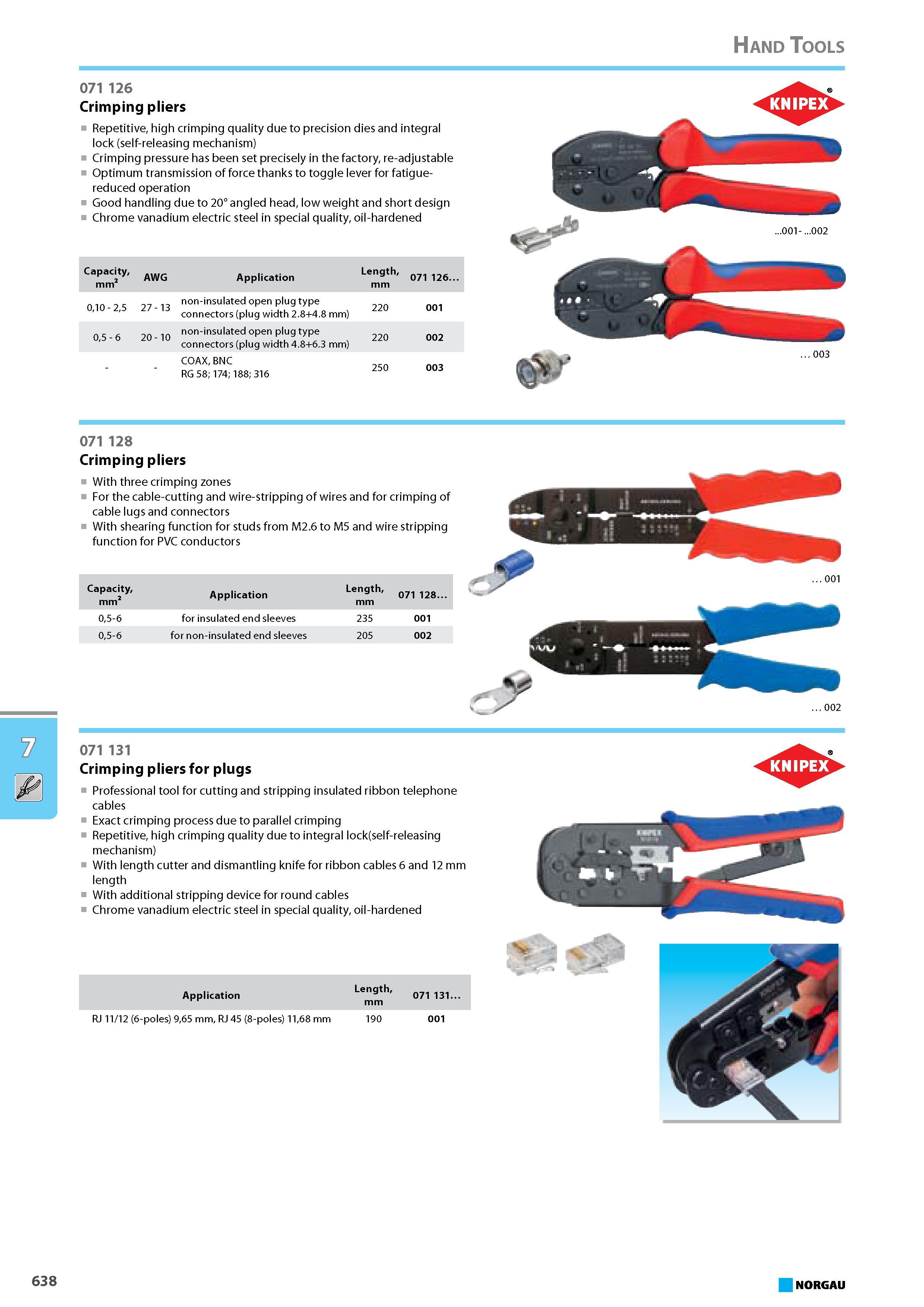 654 Crimping pliers Repetitive high crimping quality due to precision dies and integral lock (self-releasing mechanism) Crimping pressure has been set precisely in the fac Каталог NORGAU 2015 Инструмент режущий измерительный слесарно-монтажный Стр. 638