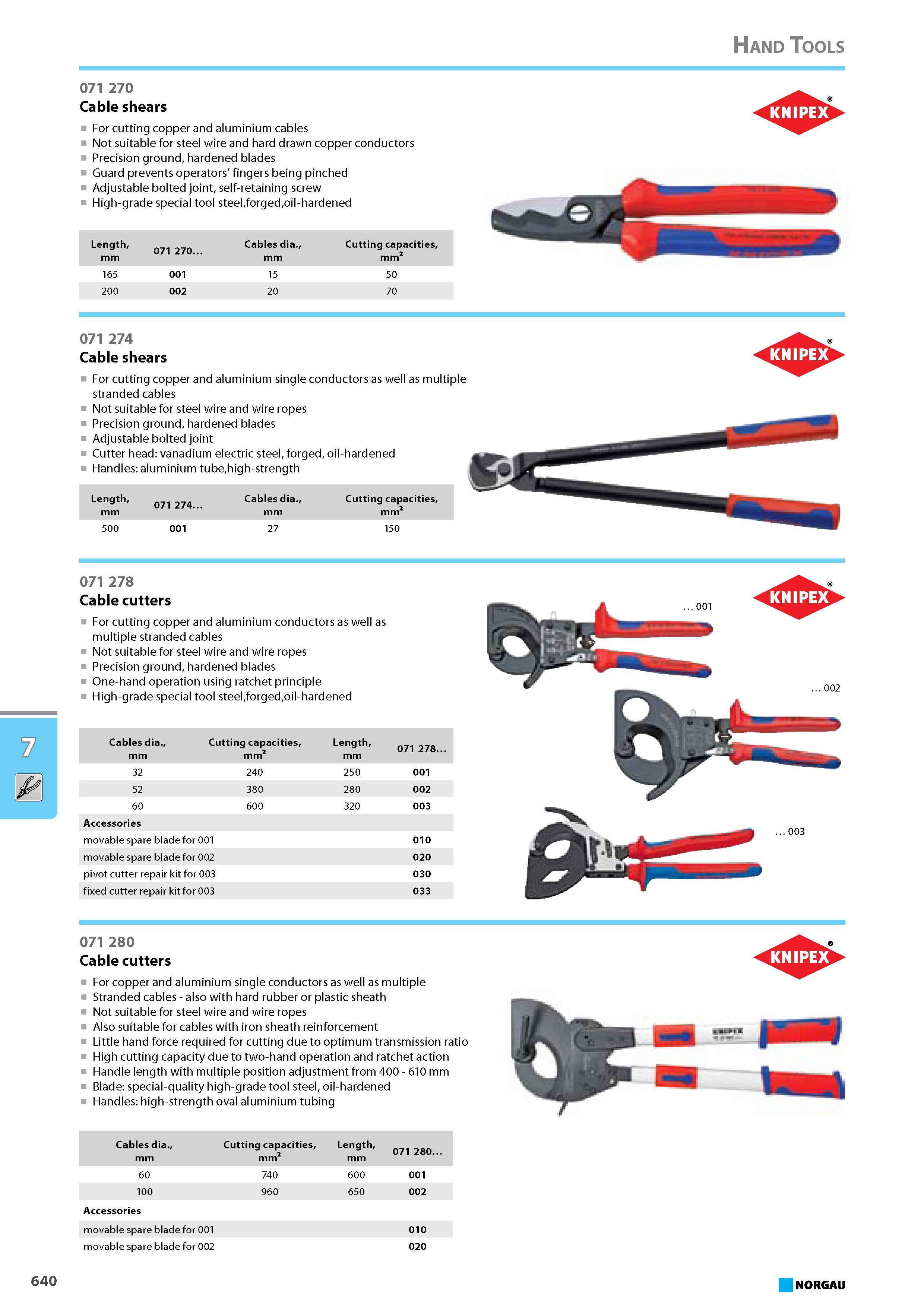 656 Cable shears For cutting copper and aluminium cables Not suitable for steel wire and hard drawn copper conductors Precision ground hardened blades Guard prevents opera Каталог NORGAU 2015 Инструмент режущий измерительный слесарно-монтажный Стр. 640