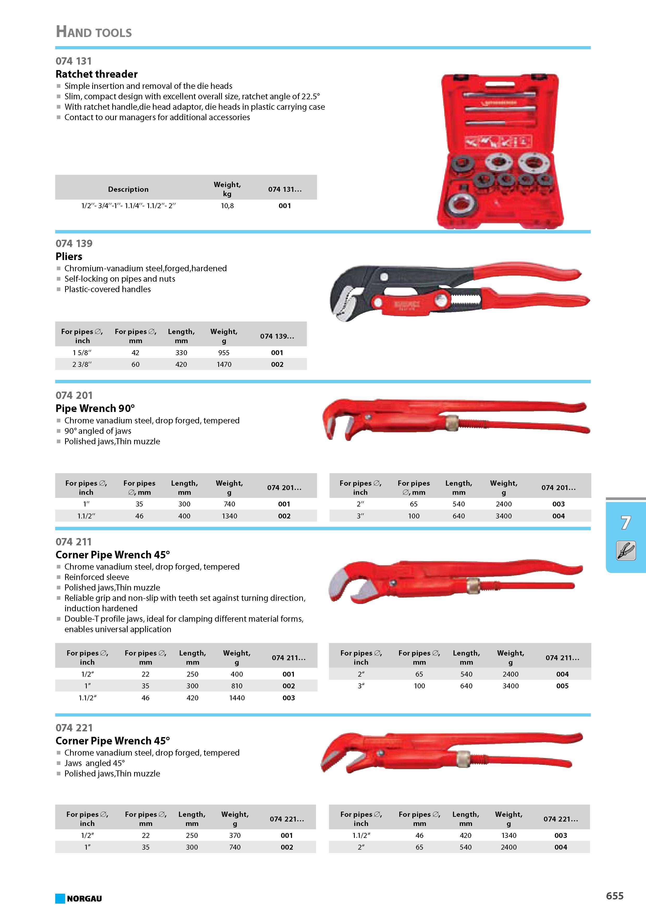 671 Ratchet threader Simple insertion and removal of the die heads Slim compact design with excellent overall size ratchet angle of 22.5 With ratchet handledie head adapto Каталог NORGAU 2015 Инструмент режущий измерительный слесарно-монтажный Стр. 655