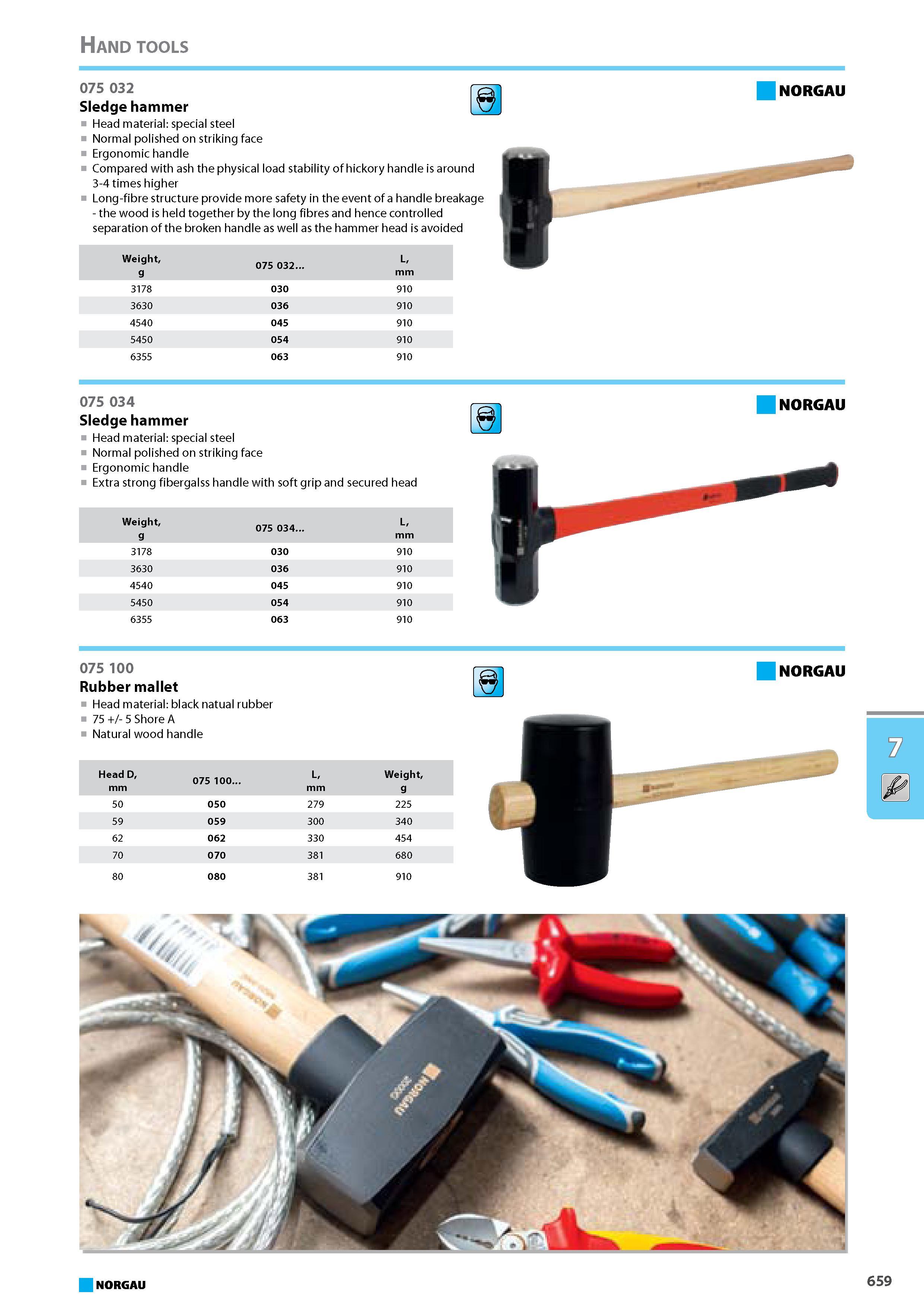 675 Sledge hammer Head material special steel Normal polished on striking face Ergonomic handle Compared with ash the physical load stability of hickory handle is around 3 Каталог NORGAU 2015 Инструмент режущий измерительный слесарно-монтажный Стр. 659
