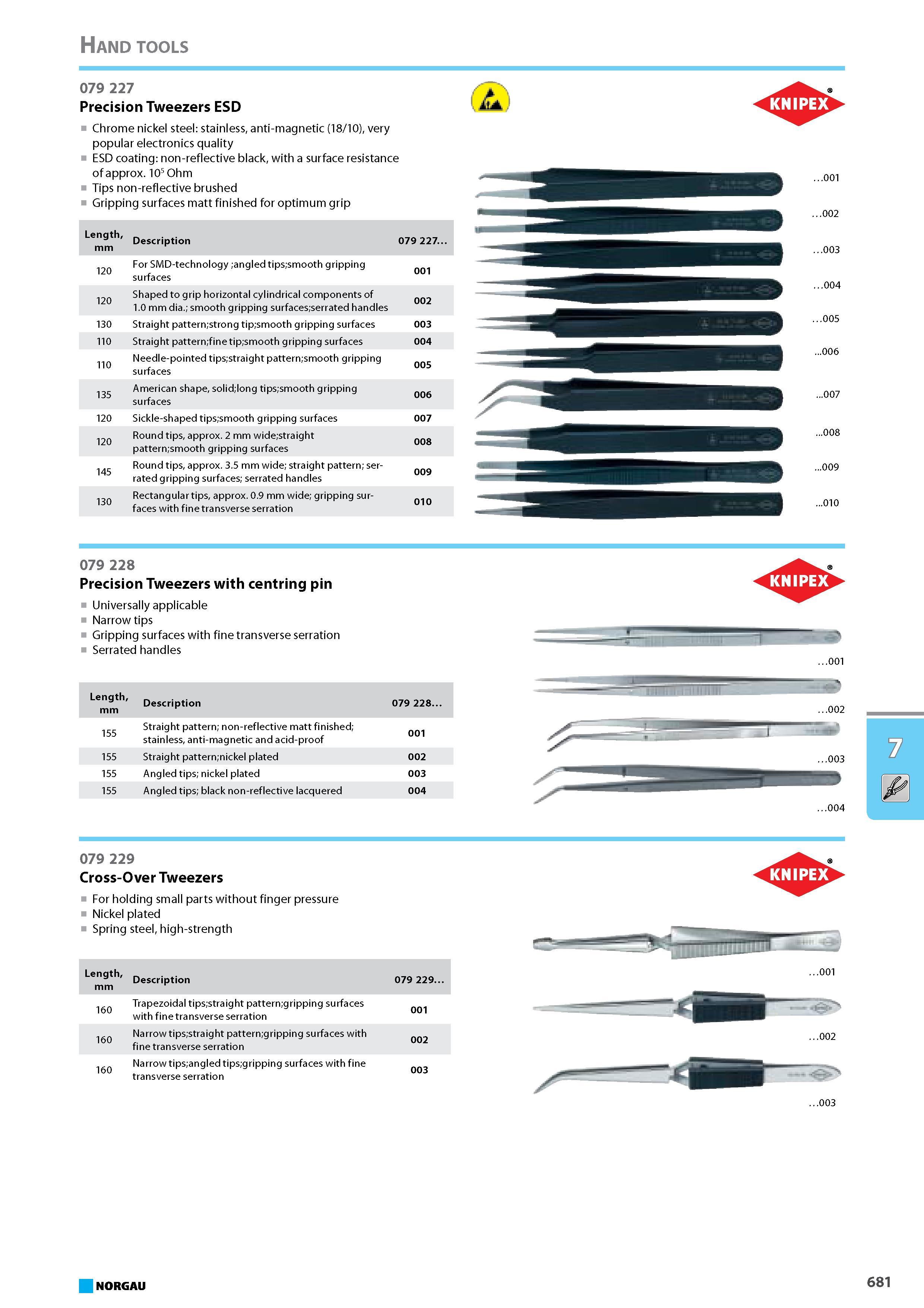 697 Precision Tweezers ESD Chrome nickel steel stainless anti-magnetic 18/10 very popular electronics quality ESD coating non-reflective black with a surface resistance of Каталог NORGAU 2015 Инструмент режущий измерительный слесарно-монтажный Стр. 681