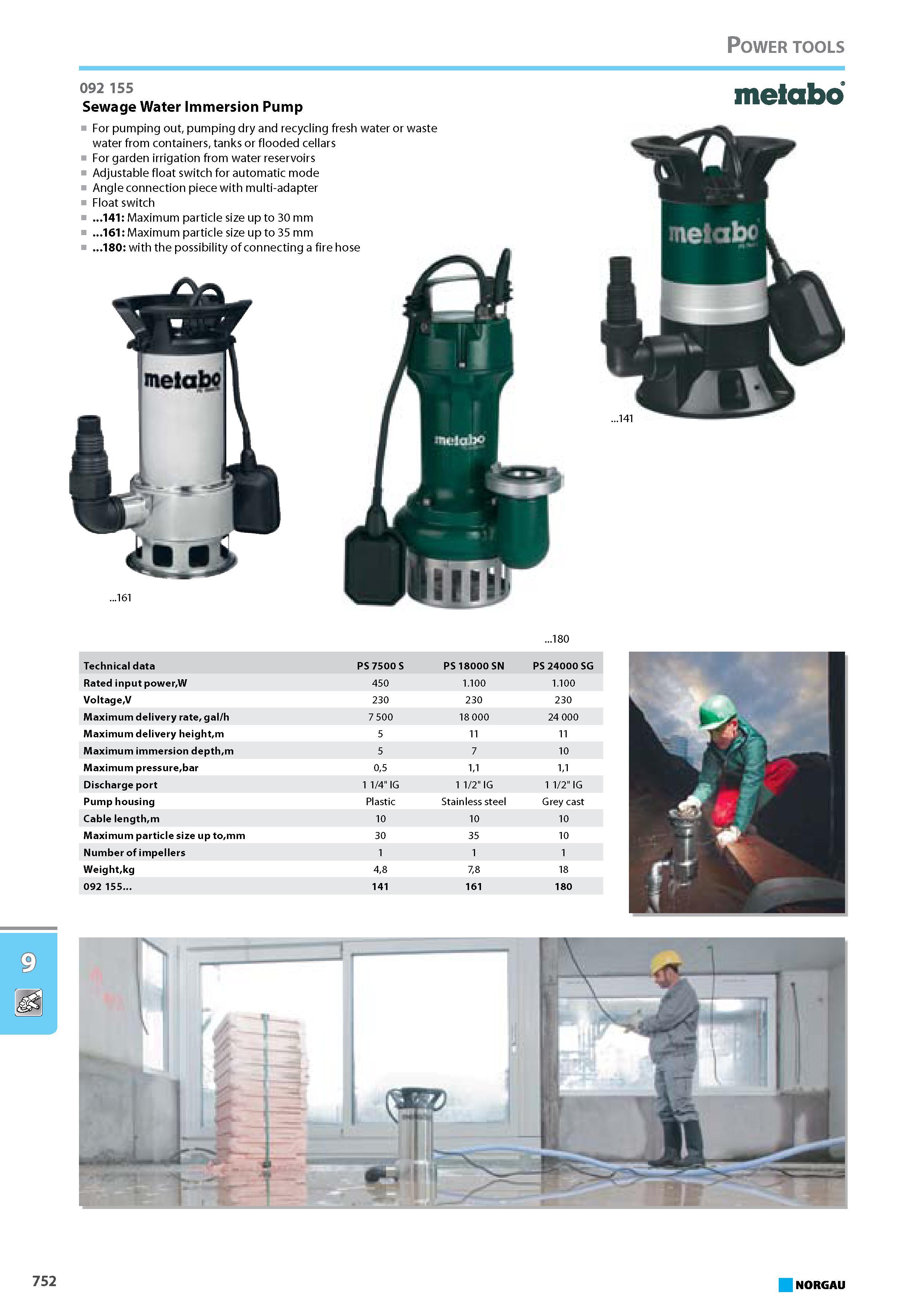 768 Sewage Water Immersion Pump For pumping out pumping dry and recycling fresh water or waste water from containers tanks or flooded cellars For garden irrigation from wa Каталог NORGAU 2015 Инструмент режущий измерительный слесарно-монтажный Стр. 752
