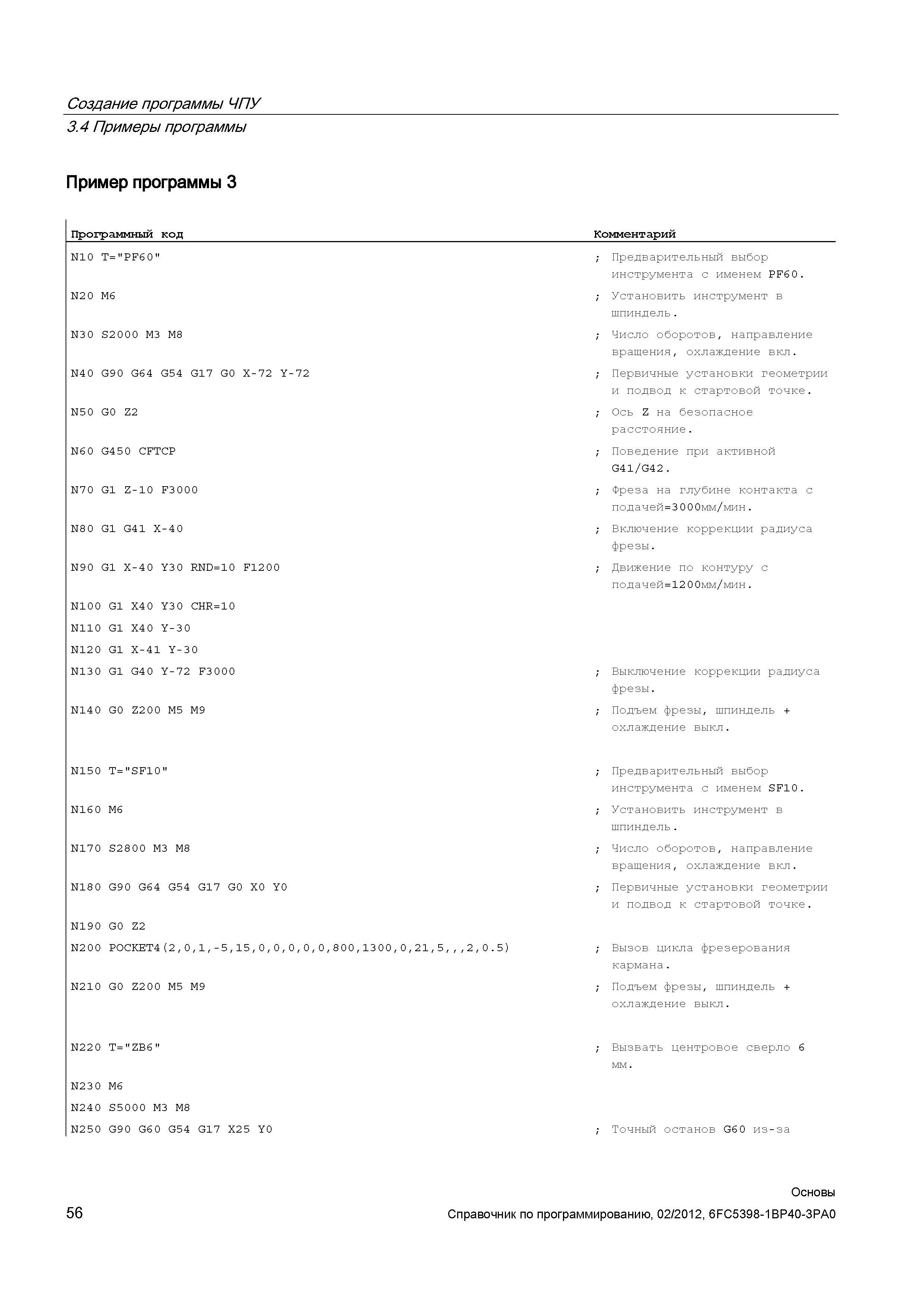 56 Листинг примера программы Sinumerik 840D в руководстве по программированию Программный код и комментарии Предварительный выбор инструмента Справочник SIEMENS 2012 Пользователя Основы программирования стоек ЧПУ Sinumerik 840D sl 828D Металлообрабатывающее оборудование Стр. 56