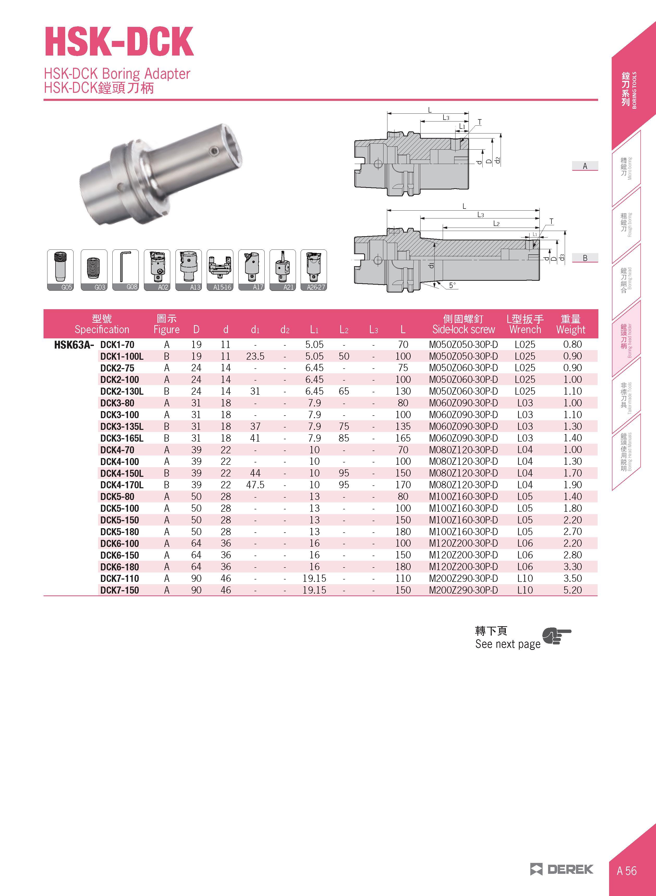 87 HSK-DCK HSK-DCK Boring Adapter usK-Dcmmum 0 - Specification Figure D d di d2 Li \-2 Ls L mmmu Side-lock screw Liifif Wrench Weight HSK63A- DCK1-7 Каталог DEREK 2017 Инструмент металлорежущий и станочная оснастка Фрезы концевые твердосплавные и с режущими сменными пластинами Резцы Державки Расточные головки  Стр. A56