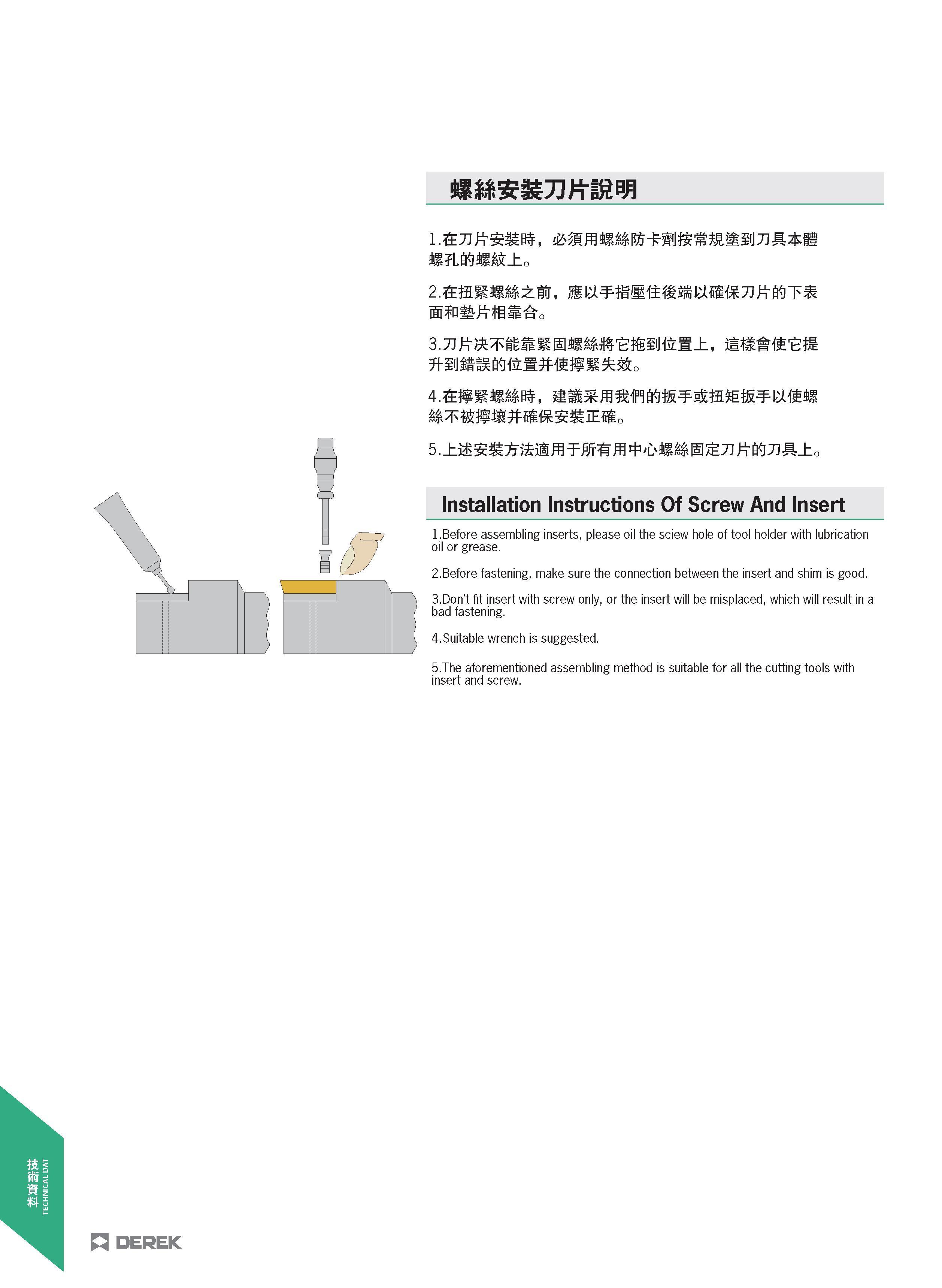494 Installation Instructions Of Screw And Insert 1 Before assembling inserts, please oil the sciew hole of tool holder with lubrication oil or greas Каталог DEREK 2017 Инструмент металлорежущий и станочная оснастка Фрезы концевые твердосплавные и с режущими сменными пластинами Резцы Державки Расточные головки  Стр. 