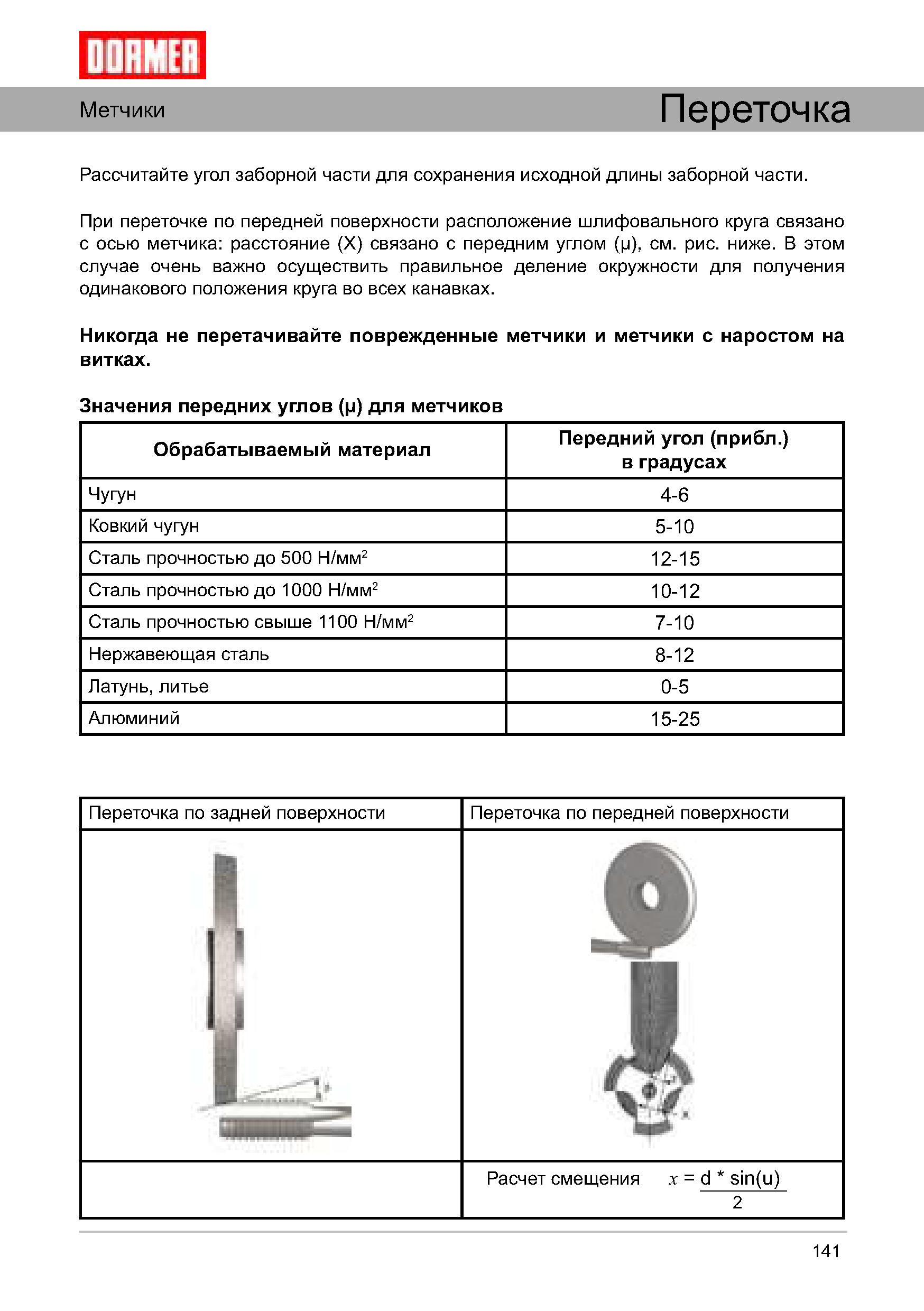 141 Рекомендации по переточке метчиков на заточных станках При переточке по передней поверхности расположение шлифовального круга связано с осью метчика Руководство DORMER 2008 Обработка металлов резанием на металлорежущих станках Сверление Развертывание Зенкерование Зенкование Нарезание резьбы метчиком Стр. 141