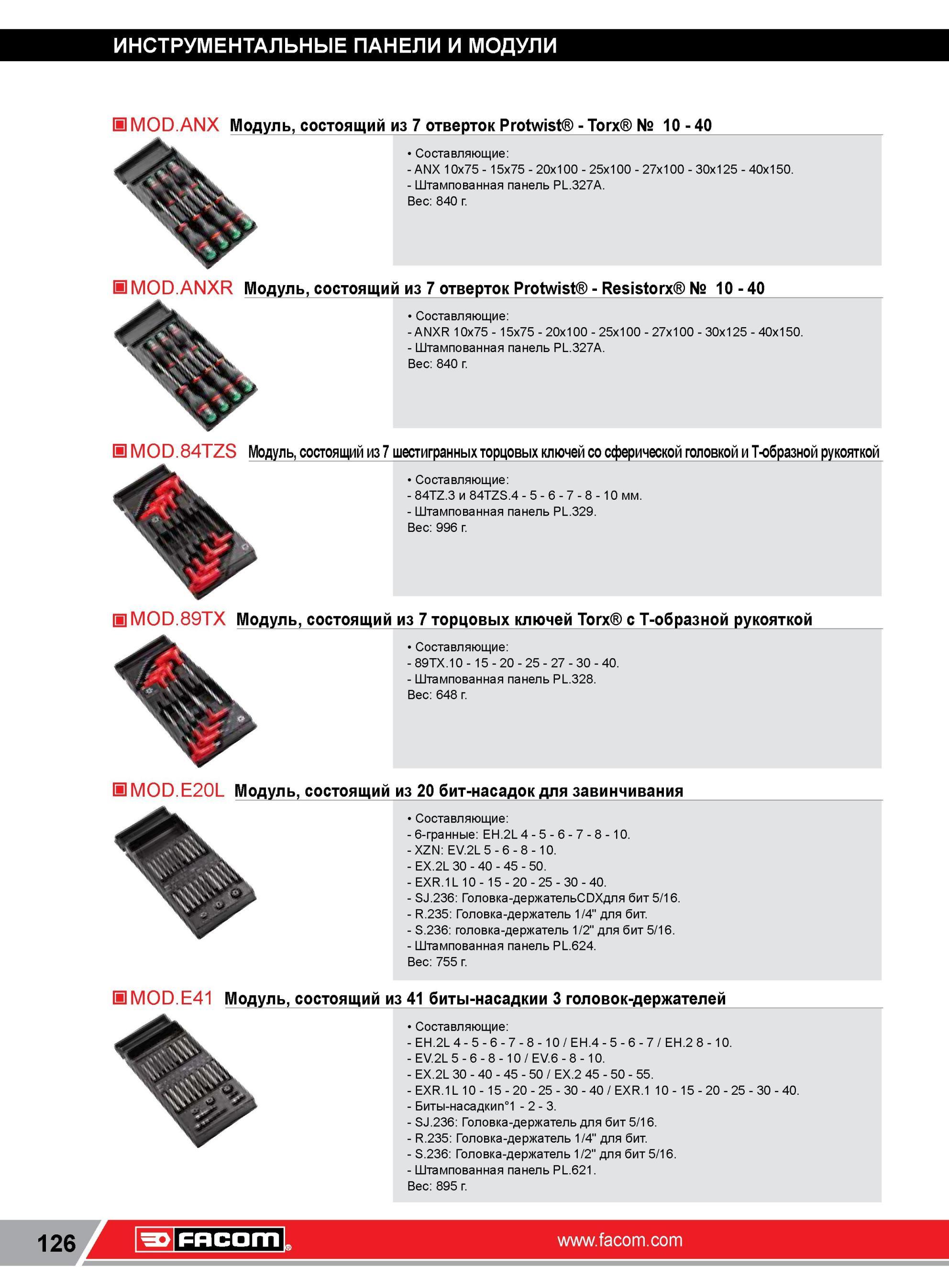 150 Модуль Facom, состоящий из 7 отверток Protwist Torx № 10 40 Составляющие ANX 10x75 15x75 20x100 25x100 27x100 30x125 40x150 Штампованная панель PL 327 Каталог FACOM 2014 Профессиональный слесарно-монтажный ручной инструмент Стр. 126