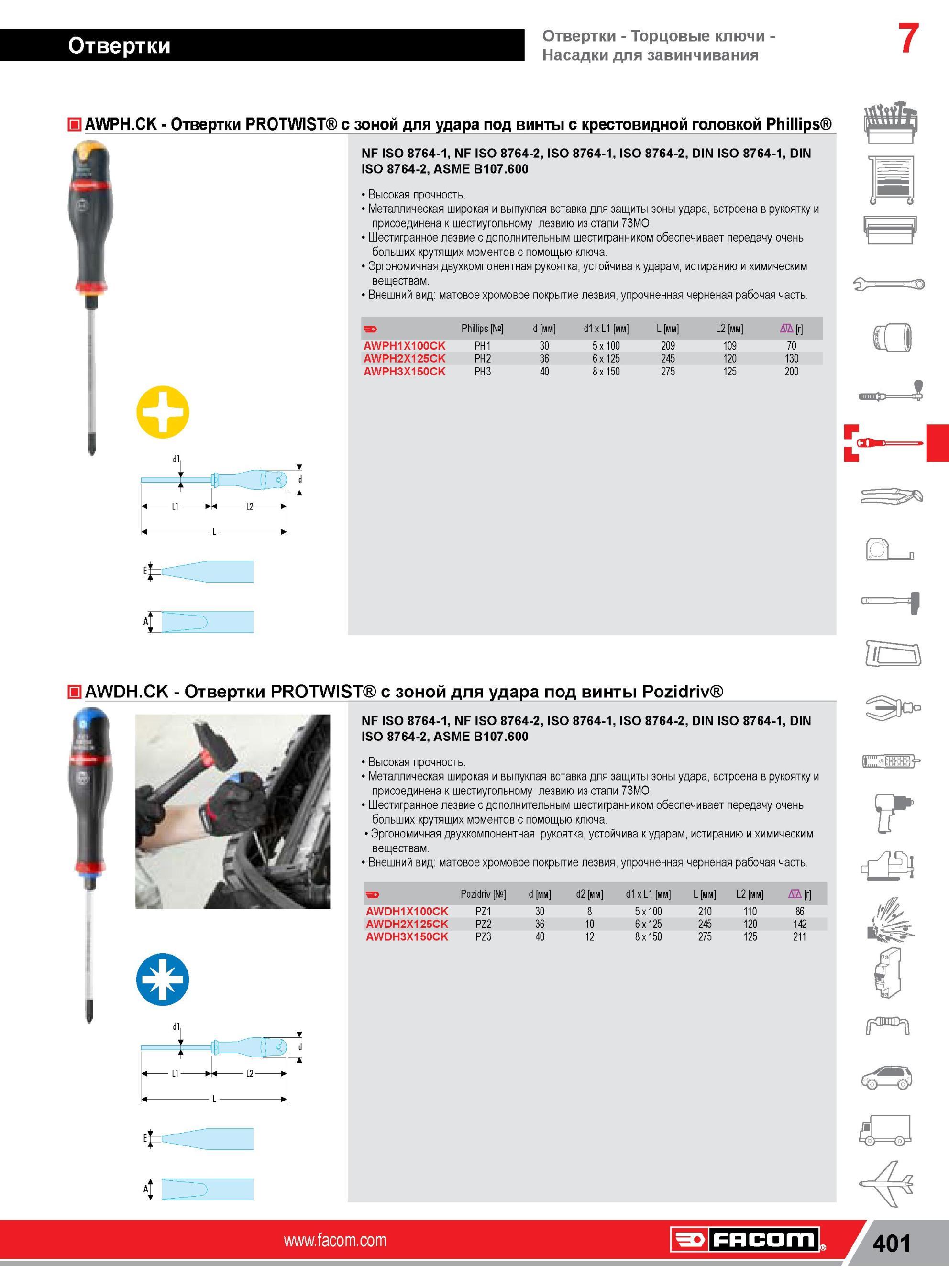 425 Отвертки Facom PROTWIST с зоной для удара под винты с крестовидной головкой Phillips NF ISO 8764-1, NF ISO 8764-2, ISO 8764-1, ISO 8764-2, DIN ISO 876 Каталог FACOM 2014 Профессиональный слесарно-монтажный ручной инструмент Стр. 401