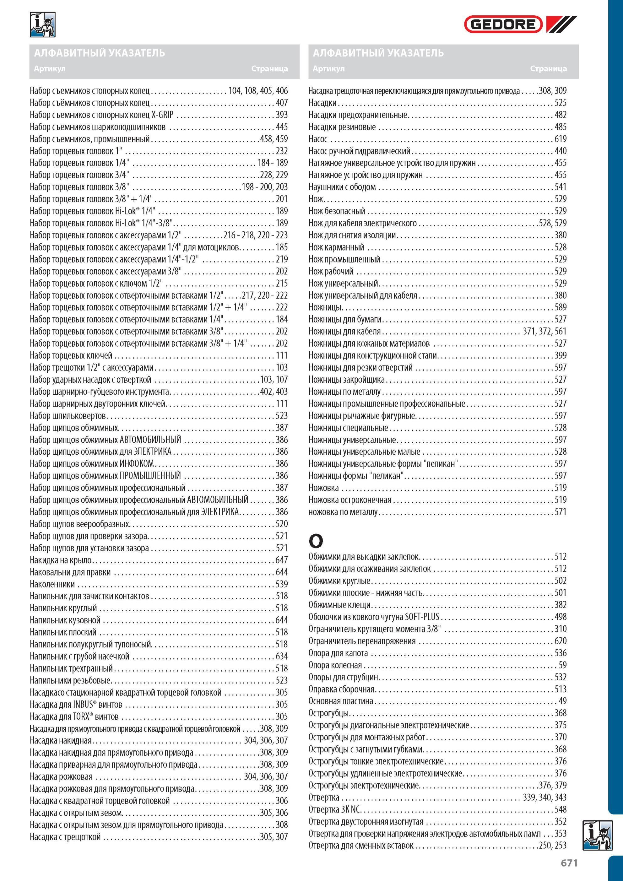671 Немецкий слесарный инструмент Gedore Алфавитный указатель каталога 2012 года на русском языке Набор съемников стопорных колец 104, 108, 405, 406 Набор съёмников стоп Каталог GEDORE 2012 Профессиональный ручной инструмент, специнструмент и инструментальная мебель Стр. 671