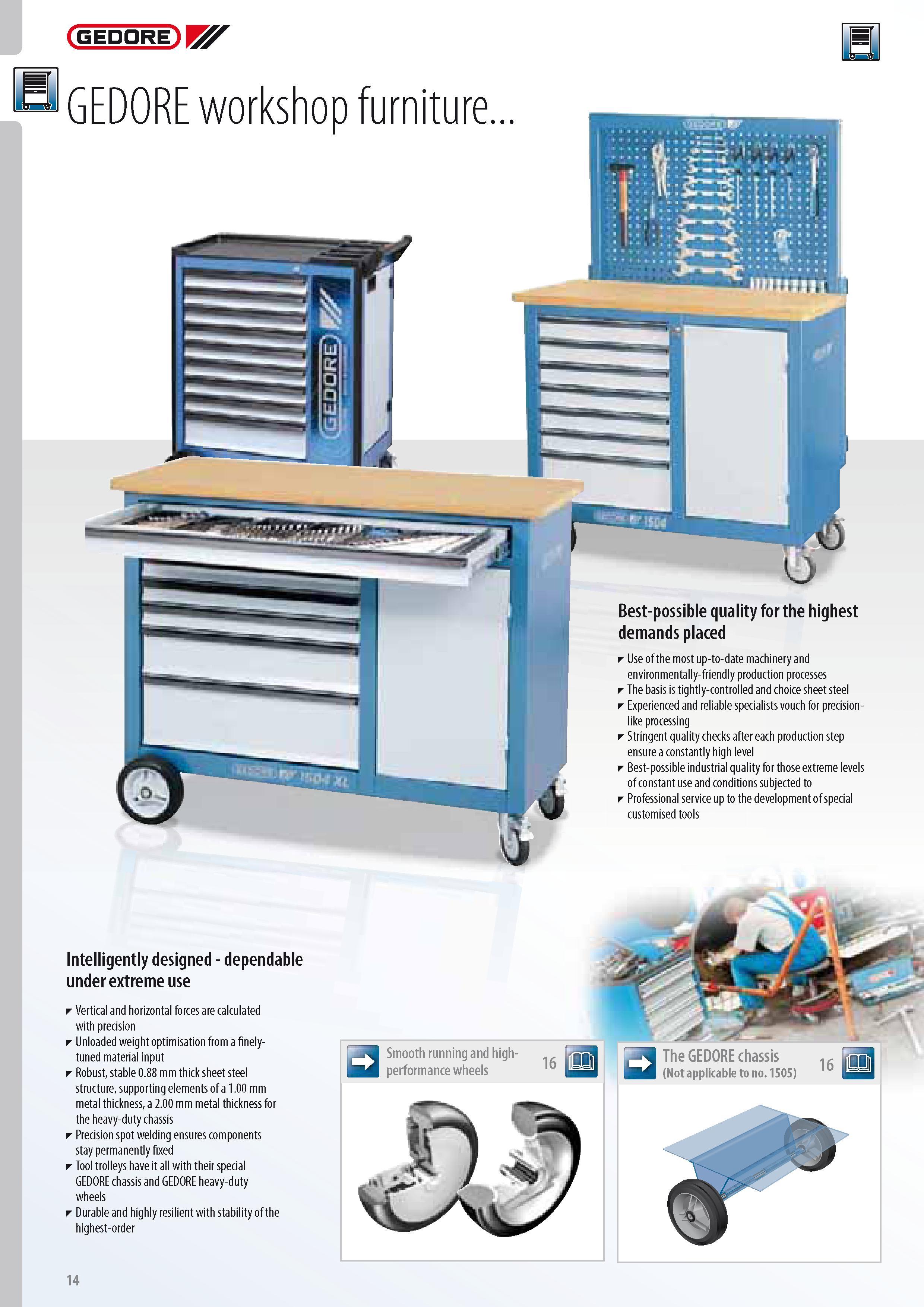 16 workshop furniture Use of the most up-to-date machinery and environmentally-friendly production processes The basis is tightly-controlled and choice sheet Каталог GEDORE 2014 Профессиональный слесарный инструмент и оборудование для мастерских и машиностроительных производств Стр. 14 ENG