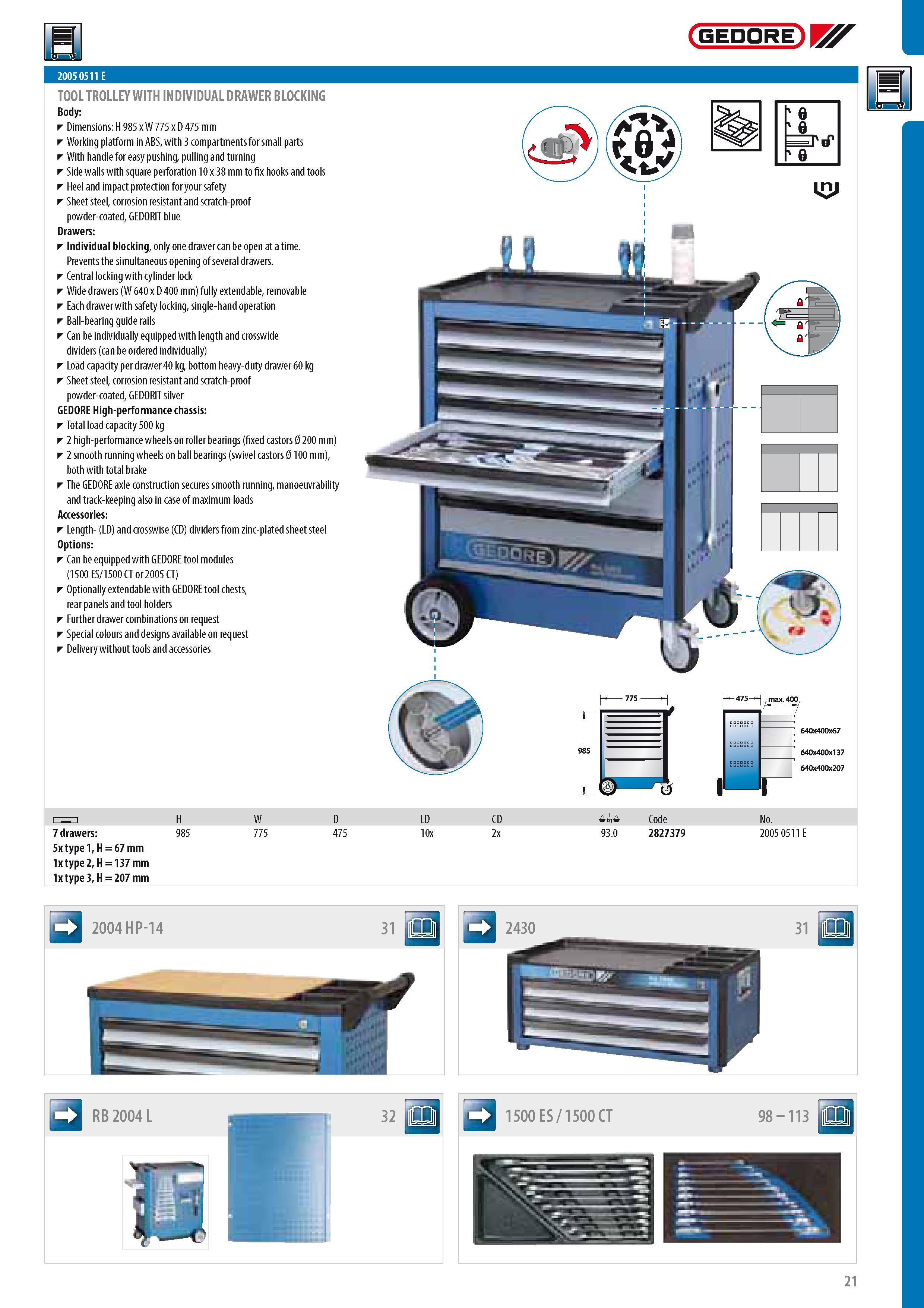 23 GEDORE 2005 0511 E TOOL TROLLEY WITH INDIVIDUAL DRAWER BLOCKING Body Dimensions H 985 x W 775 x D 475 mm Working platform in ABS with 3 compartments for sm Каталог GEDORE 2014 Профессиональный слесарный инструмент и оборудование для мастерских и машиностроительных производств Стр. 21 ENG