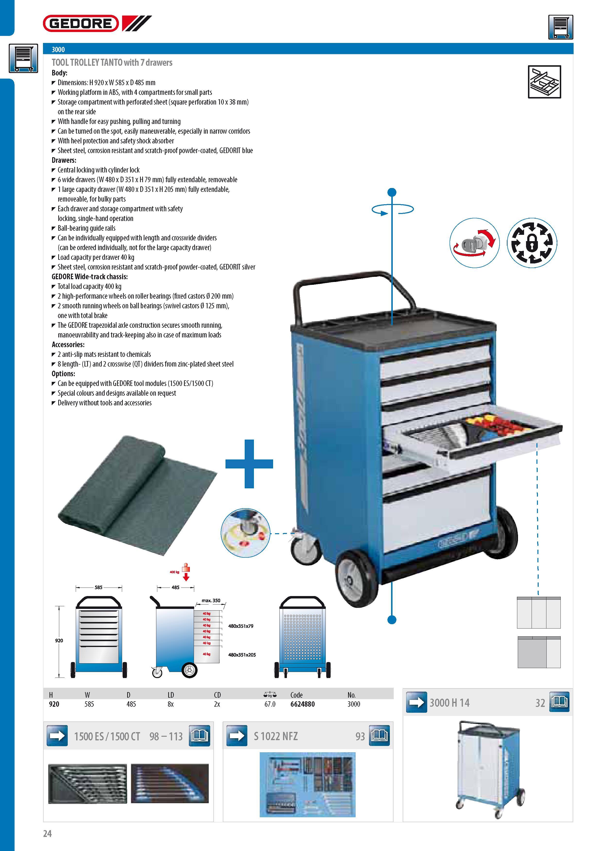 26 GEDORE TOOL TROLLEY TANTO with 7 drawers Body Dimensions H 920 x W 585 x D 485 mm Working platform in ABS with 4 compartments for small parts Storage compa Каталог GEDORE 2014 Профессиональный слесарный инструмент и оборудование для мастерских и машиностроительных производств Стр. 24 ENG
