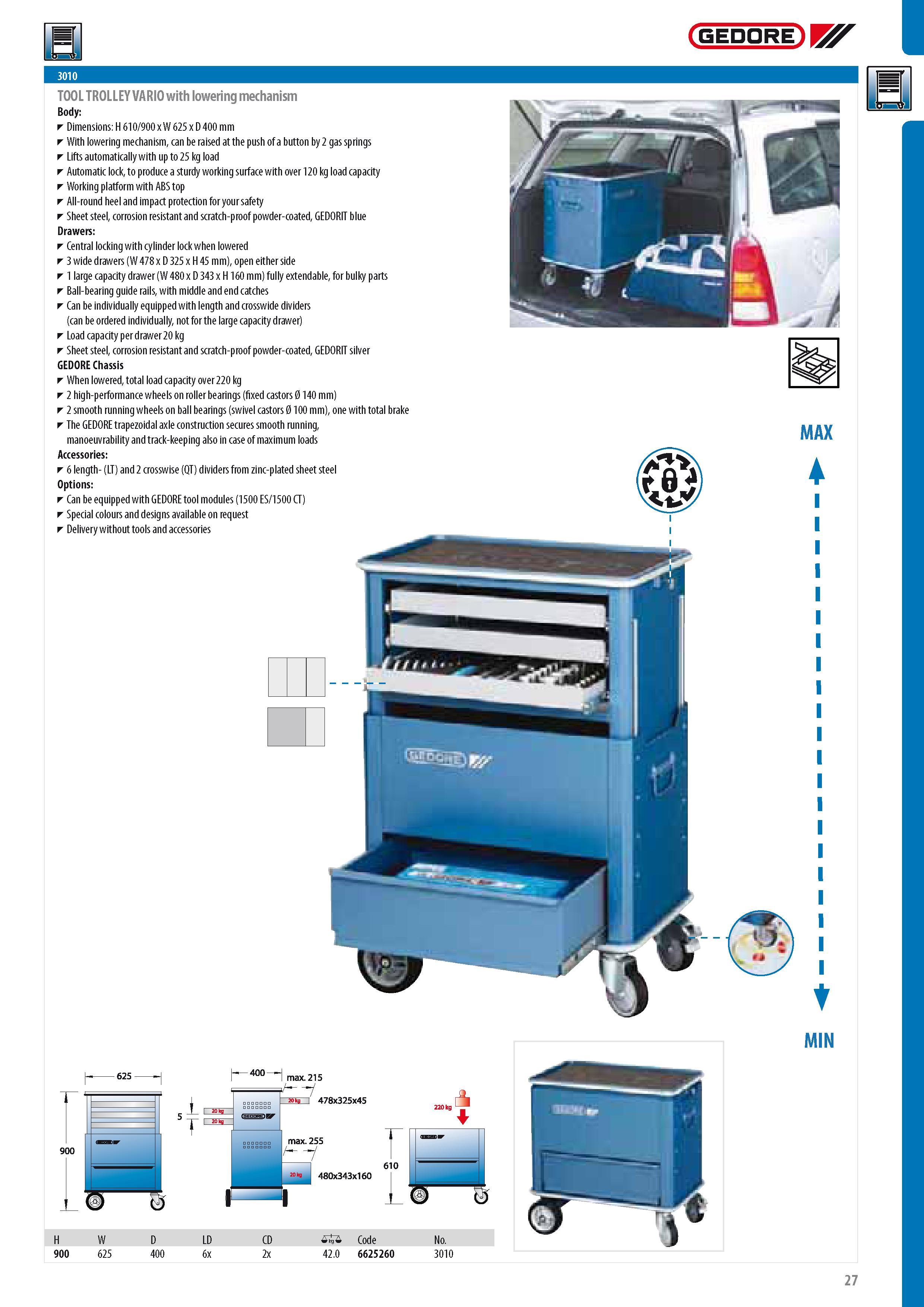 29 TOOL TROLLEY VARIO with lowering mechanism Body Dimensions H 610 900 x W 625 x D 400 mm With lowering mechanism can be raised at the push of a button by 2 Каталог GEDORE 2014 Профессиональный слесарный инструмент и оборудование для мастерских и машиностроительных производств Стр. 27 ENG