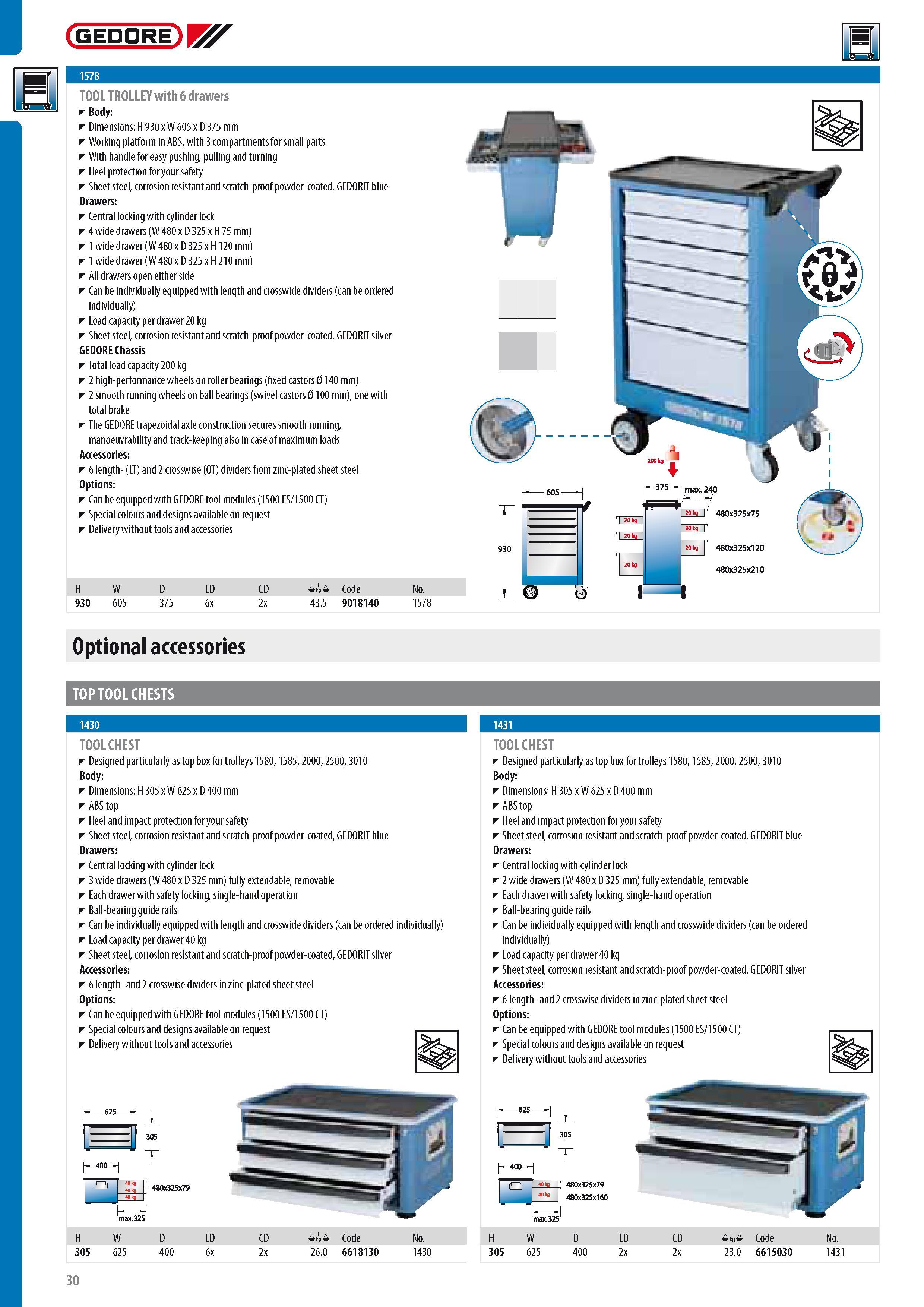 32 GEDORE TOOL TROLLEY with 6 drawers Body Dimensions H 930 x W 605 x D 375 mm Working platform in ABS with 3 compartments for small parts With handle for eas Каталог GEDORE 2014 Профессиональный слесарный инструмент и оборудование для мастерских и машиностроительных производств Стр. 30 ENG